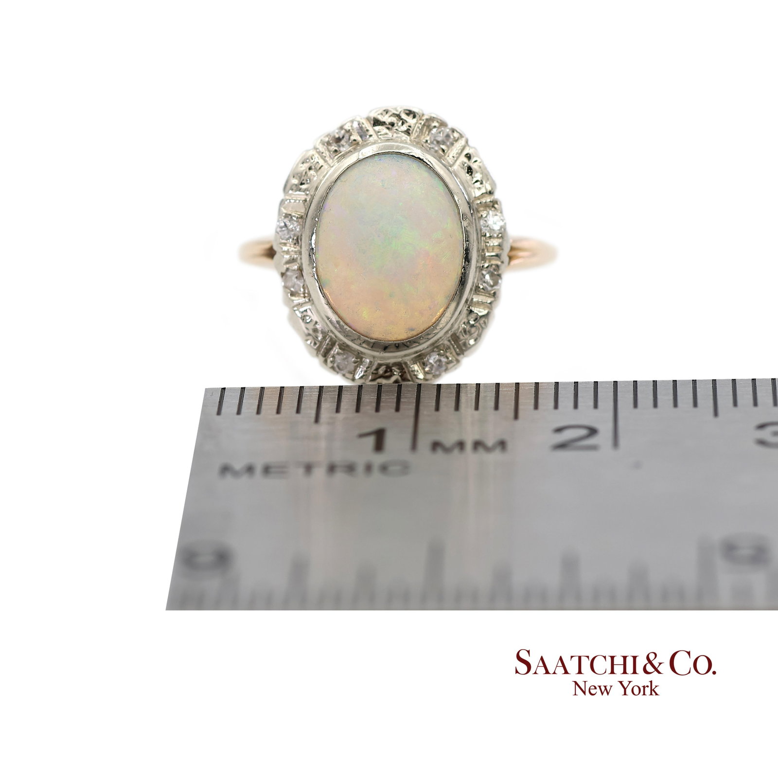 13k White and Yellow Gold Vintage Natural Diamond and Natural Opal Ring - 11