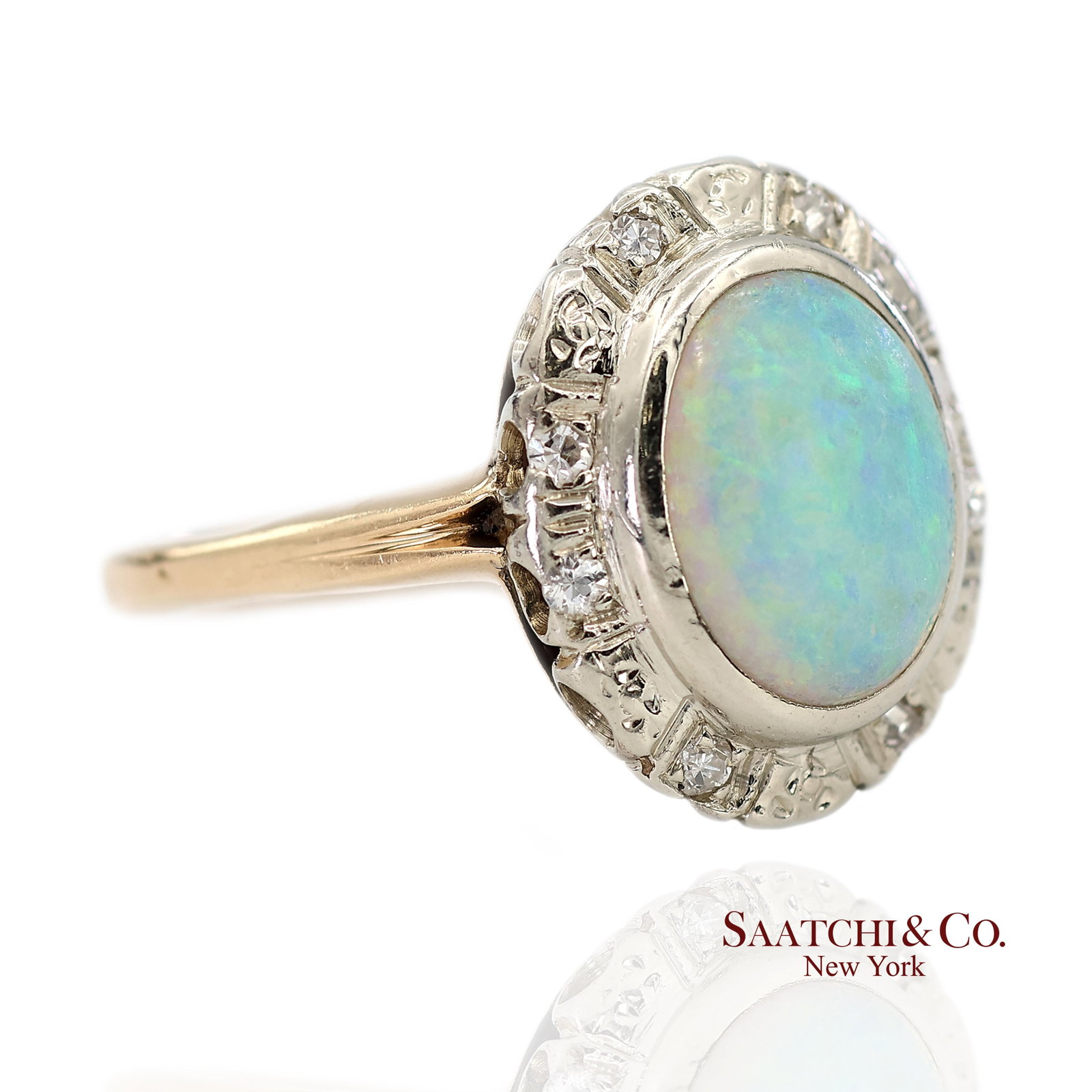 13k White and Yellow Gold Vintage Natural Diamond and Natural Opal Ring - 2