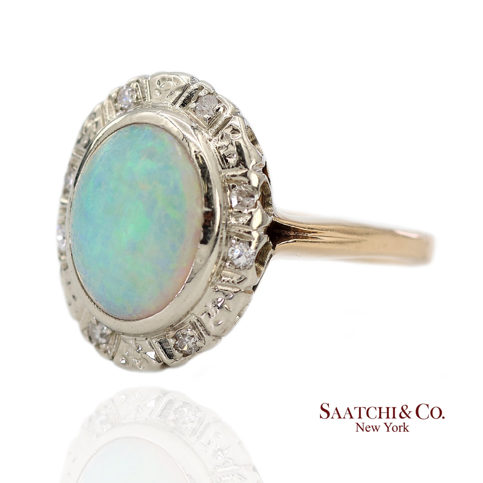 13k White and Yellow Gold Vintage Natural Diamond and Natural Opal Ring - 3