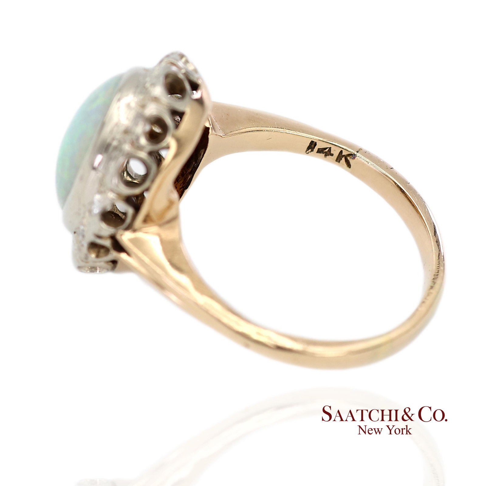 13k White and Yellow Gold Vintage Natural Diamond and Natural Opal Ring - 5