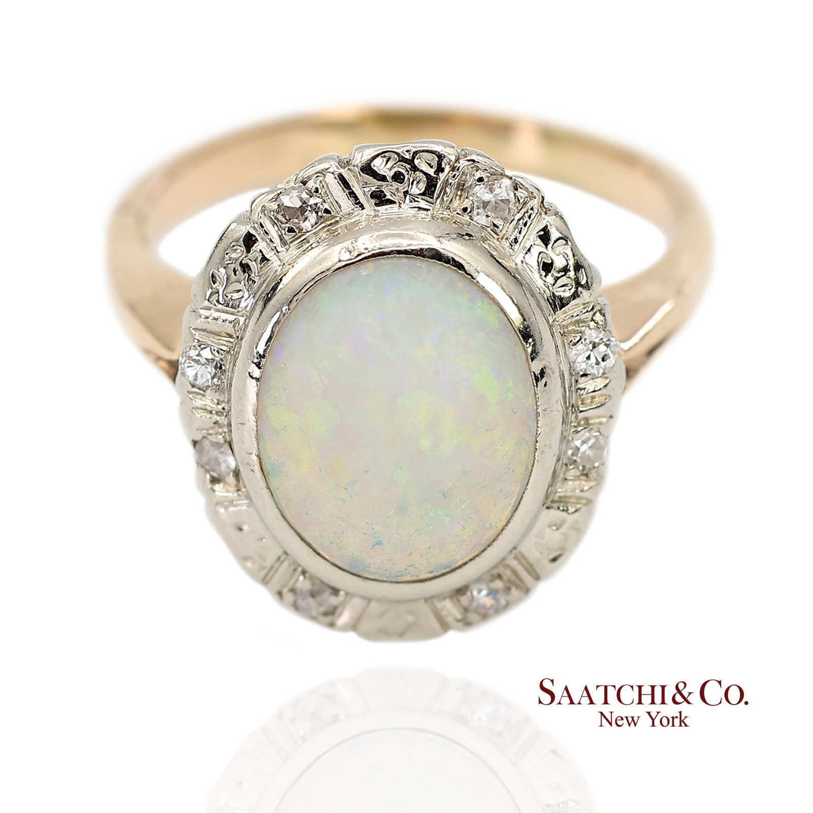 13k White and Yellow Gold Vintage Natural Diamond and Natural Opal Ring - 6