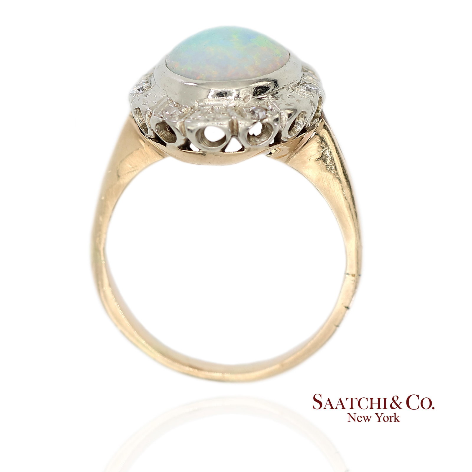 13k White and Yellow Gold Vintage Natural Diamond and Natural Opal Ring - 7