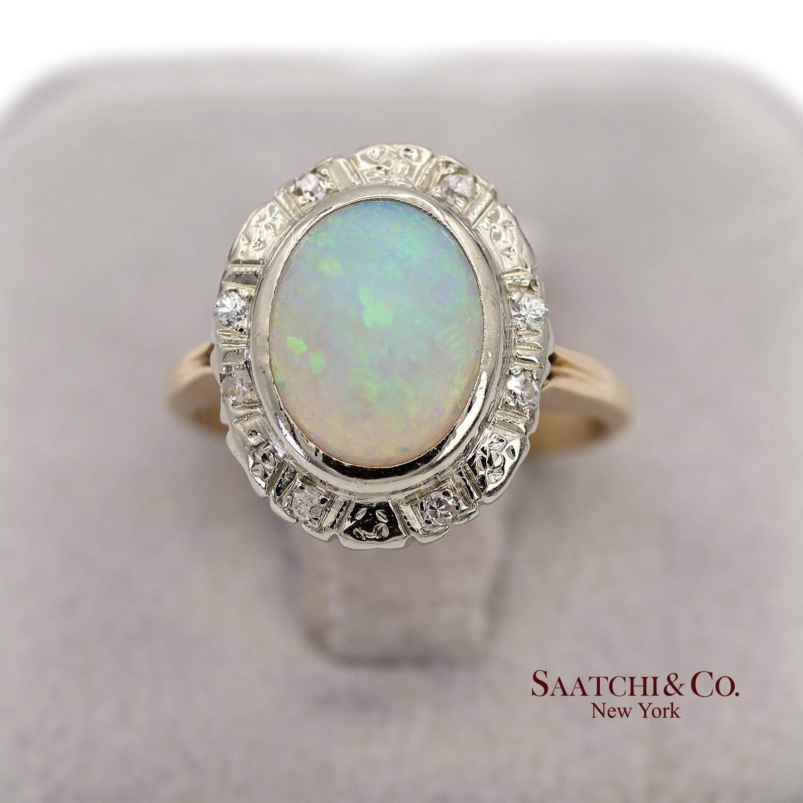 13k White and Yellow Gold Vintage Natural Diamond and Natural Opal Ring - 8