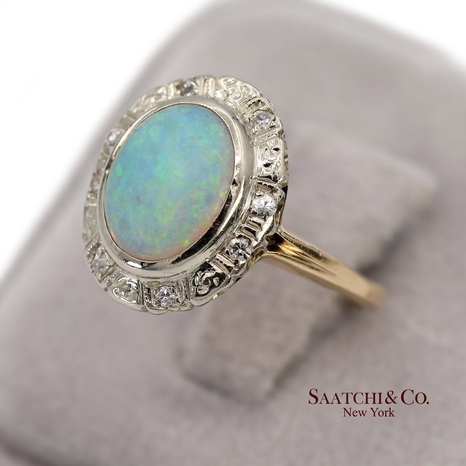 13k White and Yellow Gold Vintage Natural Diamond and Natural Opal Ring - 9