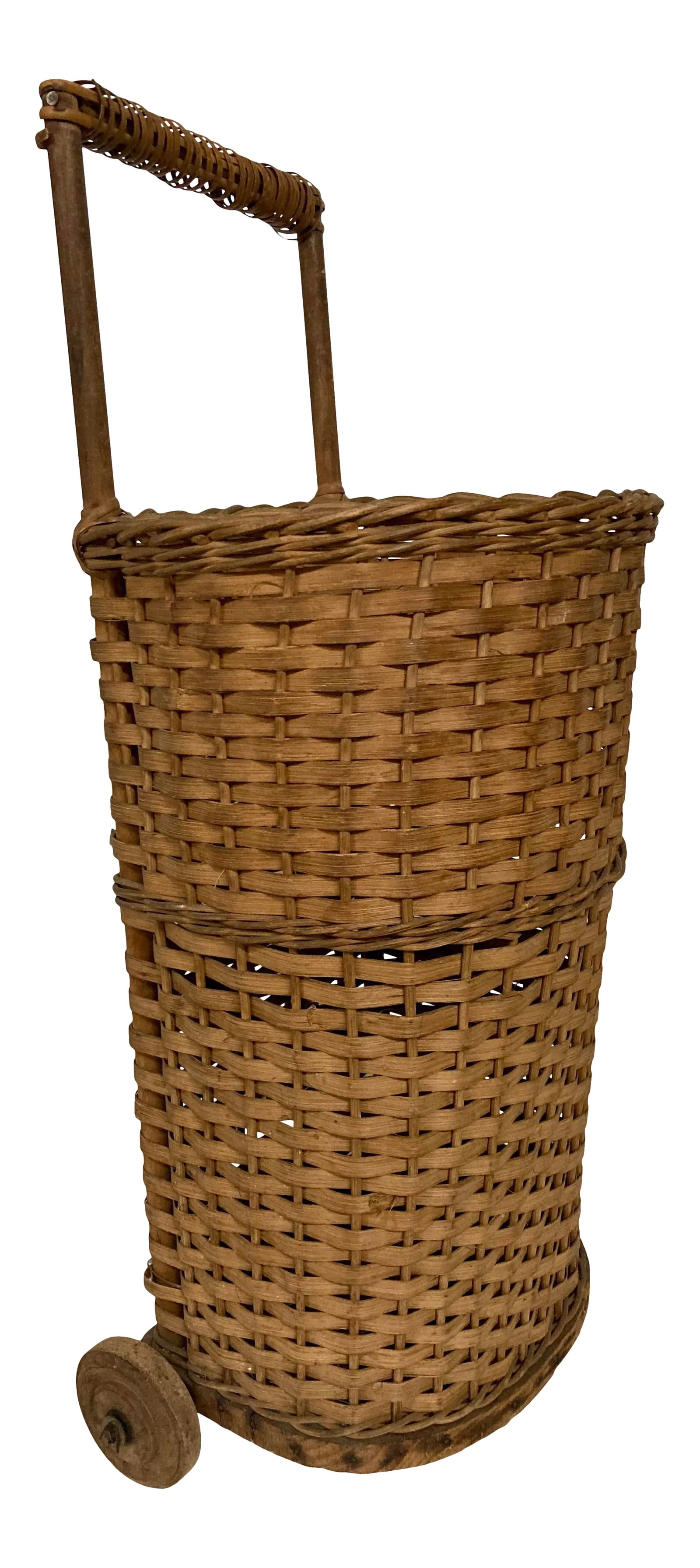Antique French Market Basket Cart: Charming pull behind French Market Cart. Wooden wheels. These are still used for daily shopping at the local village outdoor markets for food, flowers and baguettes in Europe. Condition: Alterations: 