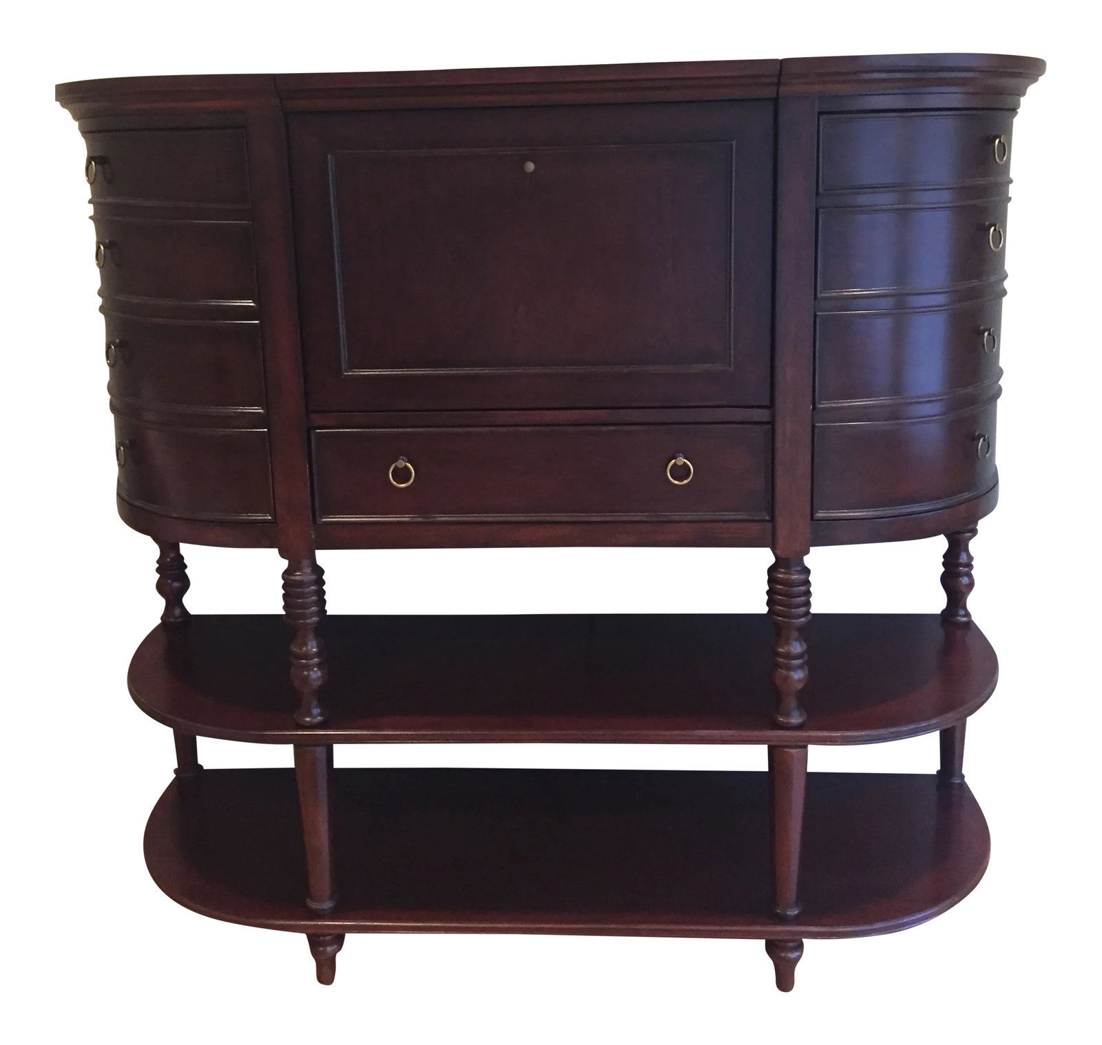 Lane Stockbridge Ventport Storage and Bar Cabinet: The sideboard cleverly incorporates a bar inside its cabinets. The false drawer fronts on its curved sides to expose three shelves, two of which are adjustable for bottles, while the center panel