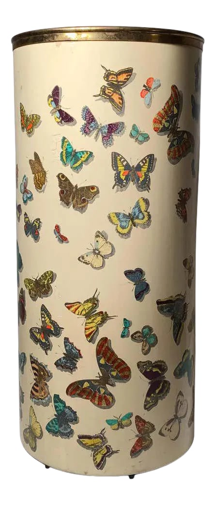 Early Piero Fornasetti Butterflies Farfalle Umbrella Stand Example: This appears to be a finer earlier example than others I have reviewed. Note the composition and detail of the illustration, The "Shadow" under the butterfly, the brass rim has a lip. My best