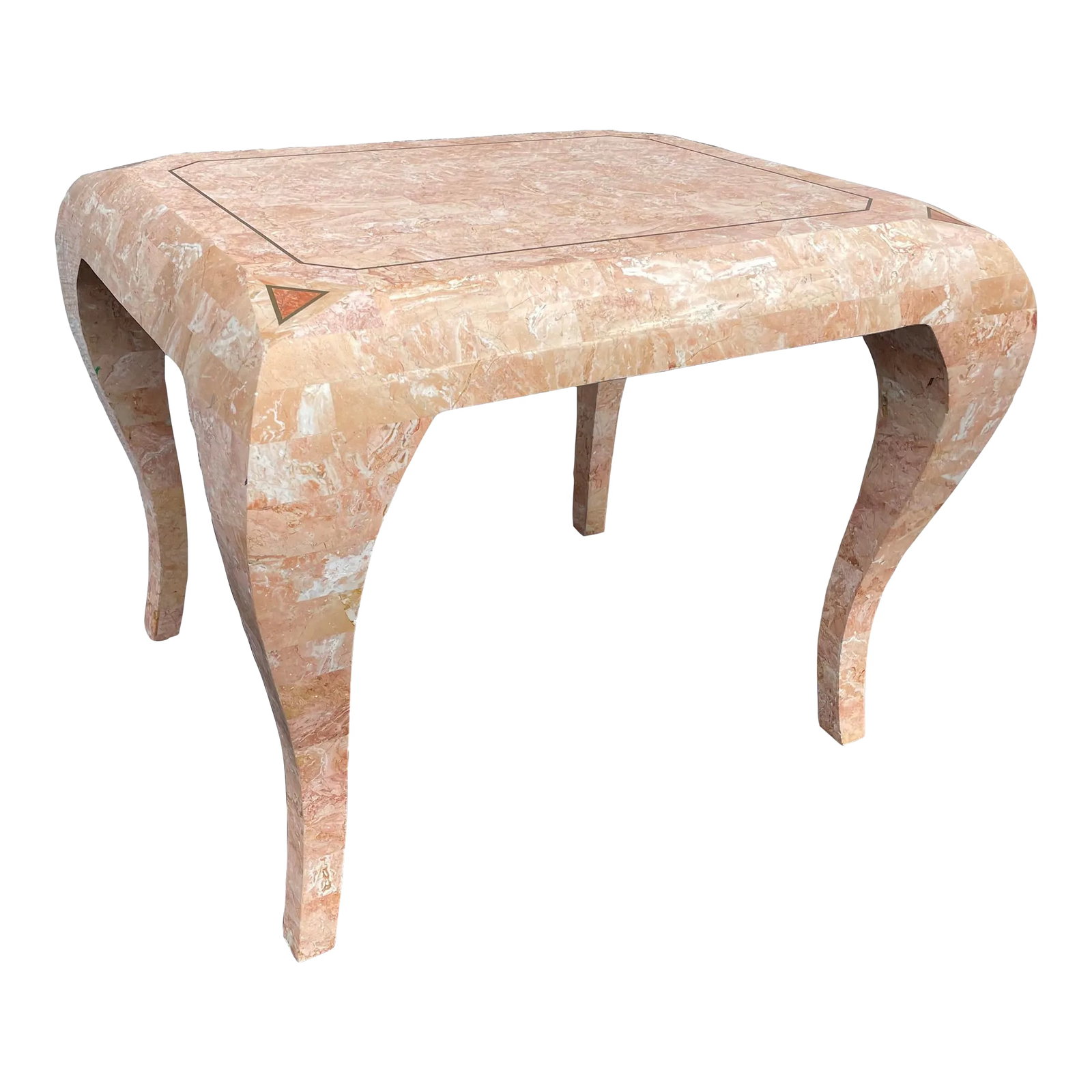 Vintage 1980s Maitland Smith Pink Tessellated Marble Side Table: A curvy legged vintage tessellated stone with inlaid coral veneer and brass accent table by Maitland-Smith. Condition: Alterations: Original Condition Unaltered Imperfections: Some Imperfections Condi