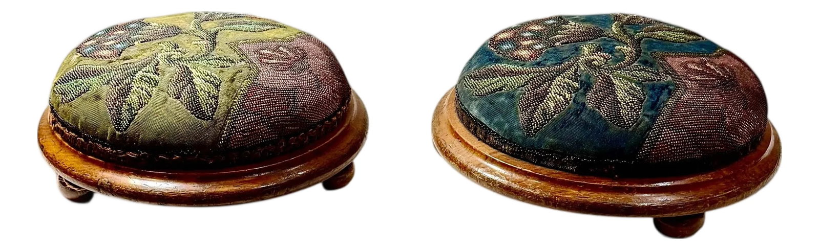 Mid 19th Century English Beaded on Velvet Round Footstools - A Pair (1 of 8)