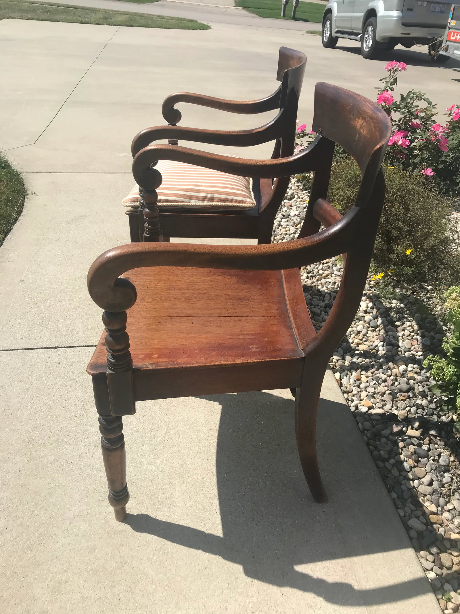 Antique William IV Carved Mahogany Scrolled Open Arm Turned Chairs - a Pair - 10