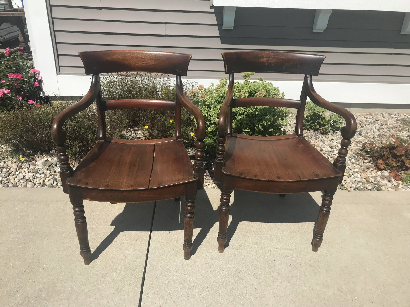 Antique William IV Carved Mahogany Scrolled Open Arm Turned Chairs - a Pair - 13