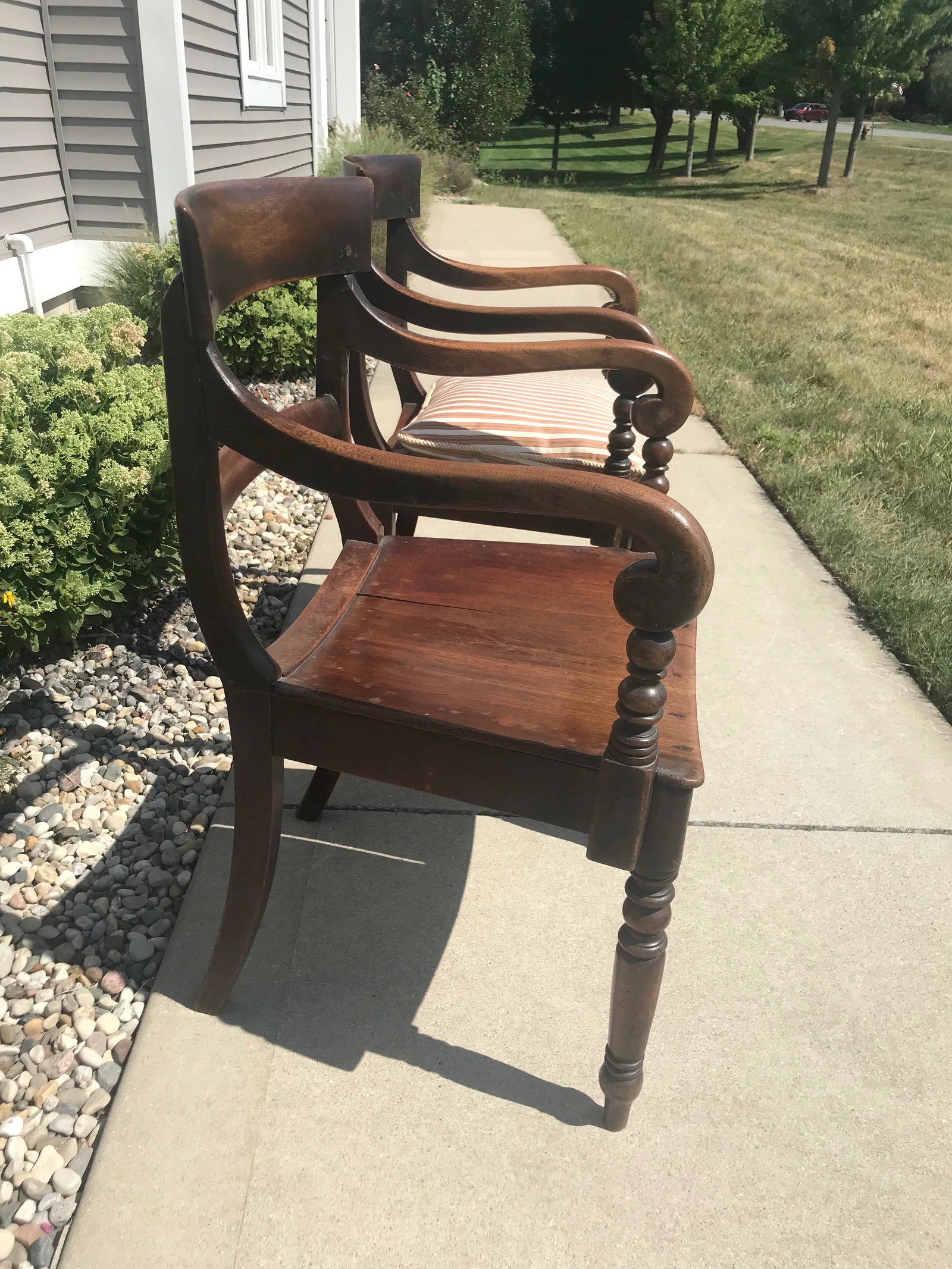 Antique William IV Carved Mahogany Scrolled Open Arm Turned Chairs - a Pair - 9