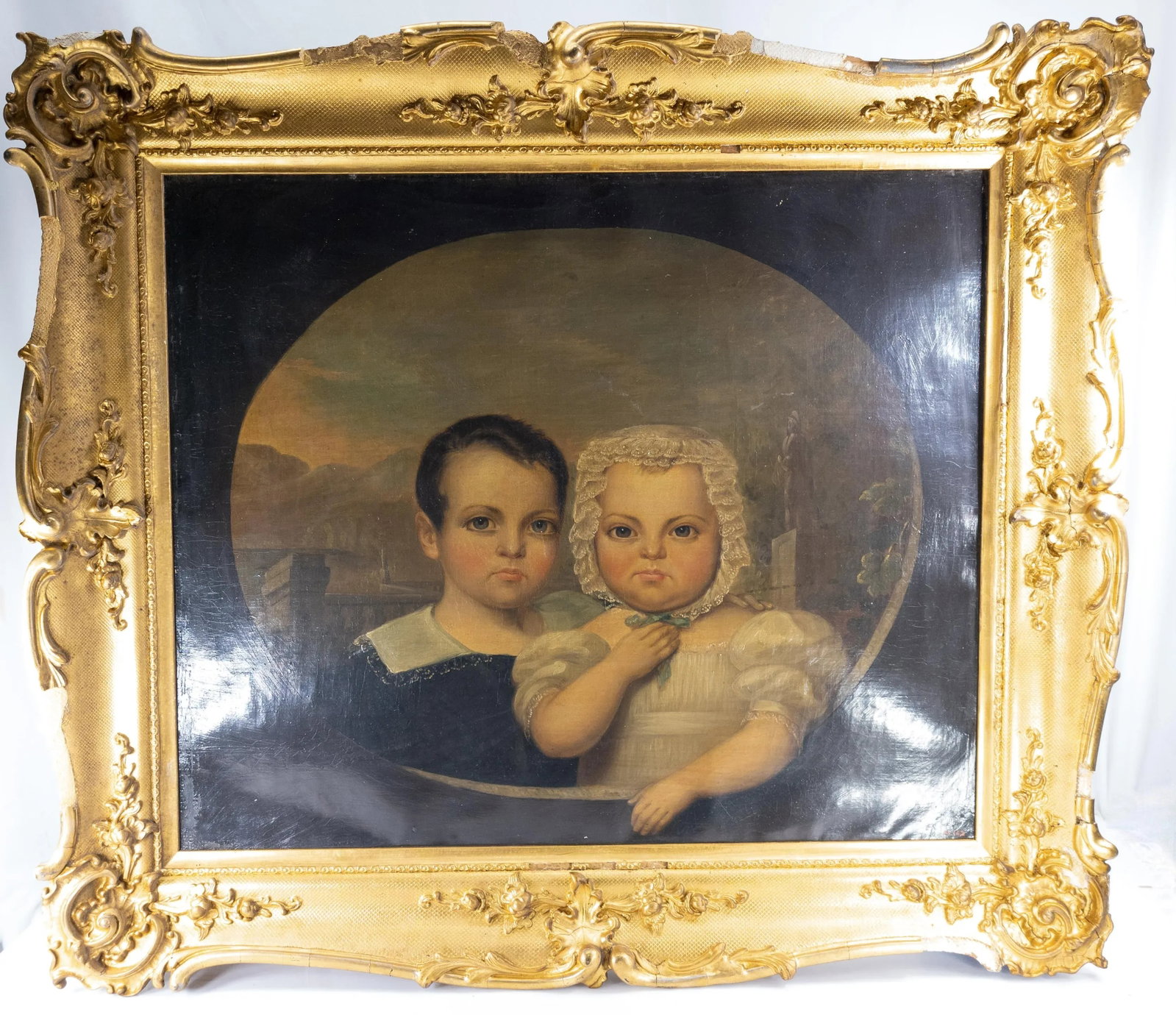 American Folk Art Americana Portrait Painting of Brother and Sister - 12