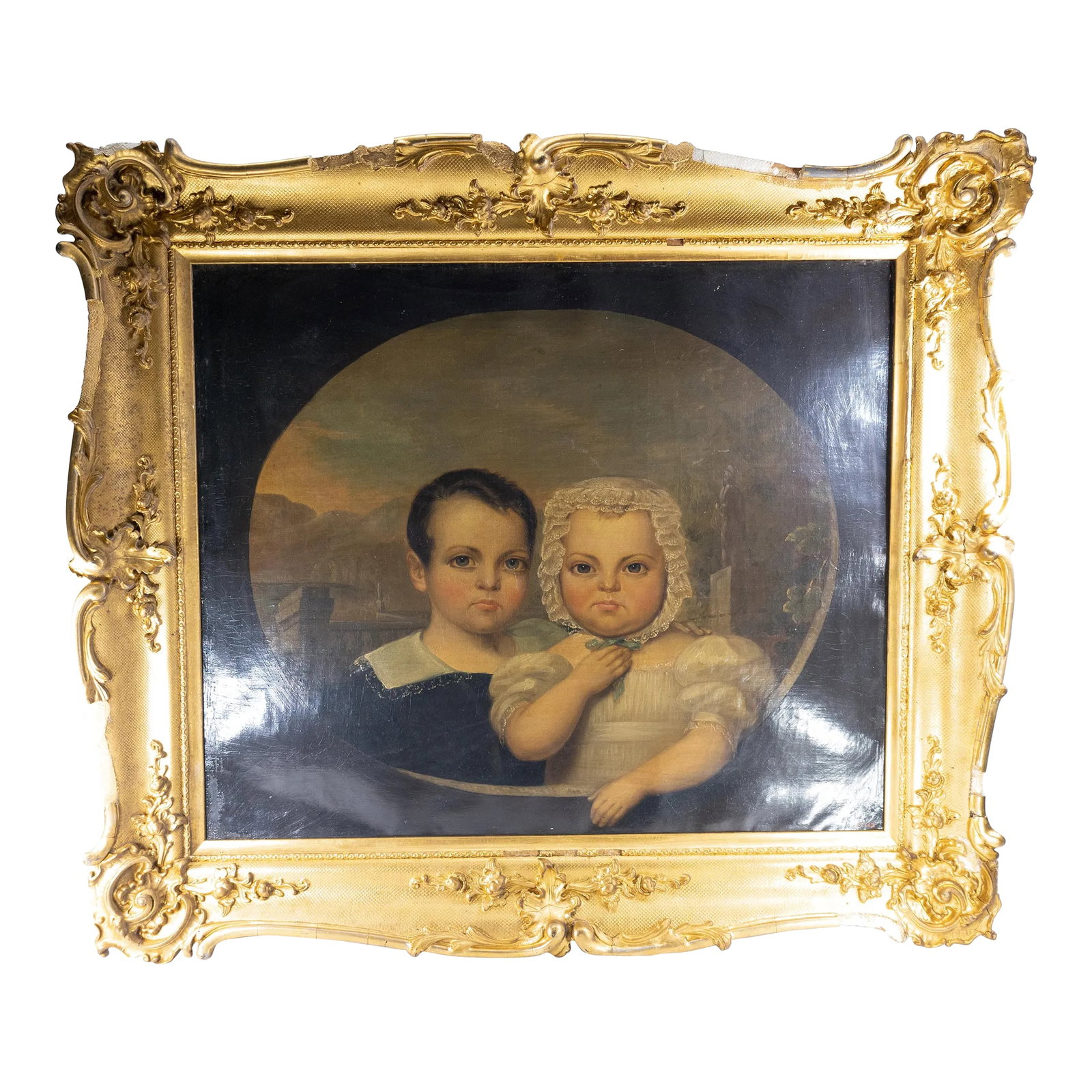 American Folk Art Americana Portrait Painting of Brother and Sister: We are selling this great American sentimental double portrait painting. This slightly folky Americana painting features a brother and sister in a vignette with unusual background features. The