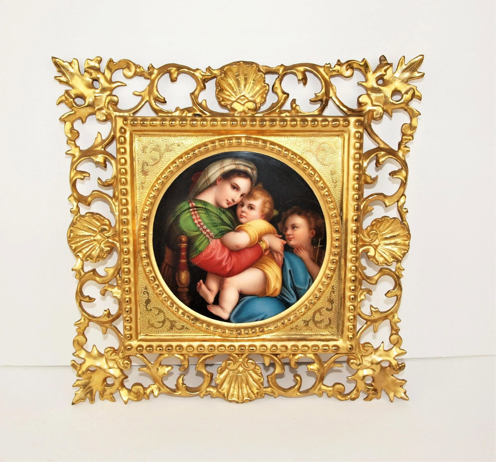 1920s Hand Painted Tile of the Madonna Della Seggiola, Framed - 7