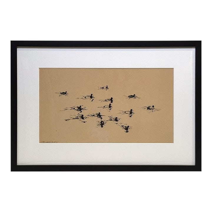 Original 1918 Ink Drawing Signed Blydenburgh 23 X 16: Marvelous original 1918 pen and ink drawing signed E. N. Blydenburgh titled on the verso "Ducks On the Water." 23 x 16 inches as framed in matte black wood with a 4-ply acid-free mat. Edward N. Blyden