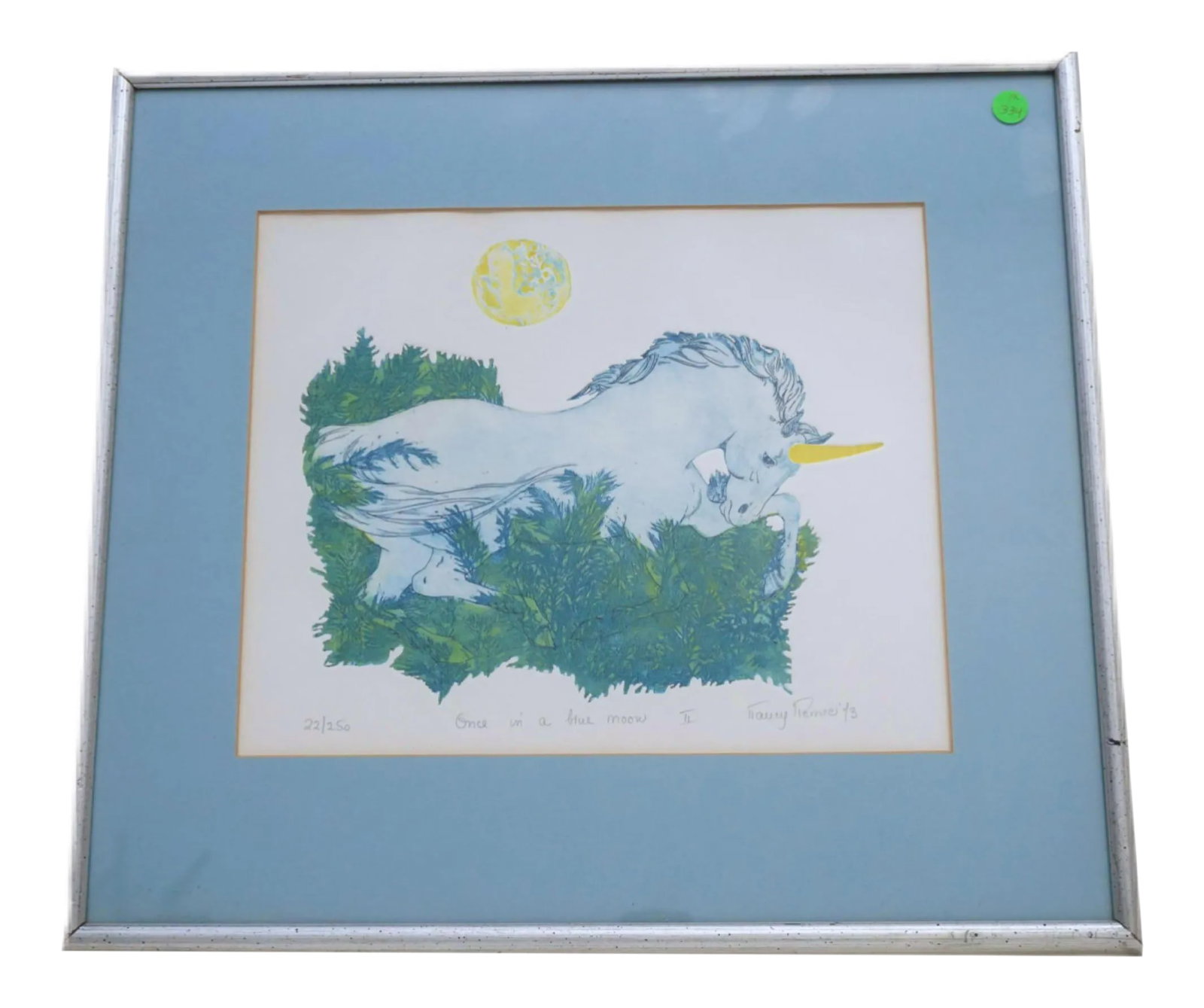 Nancy Nemec "Once in a Blue Moon" Unicorn Original Print Signed and Numbered: Nancy Nemec (1923 - 2003) "Once in a Blue Moon" Pencil Signed and Numbered Print. Framed and matted. Measures 21"x19"x1 1/4". Weight 4 pds. Nancy Nemec was a Warner New Hampshire resident on-and-off