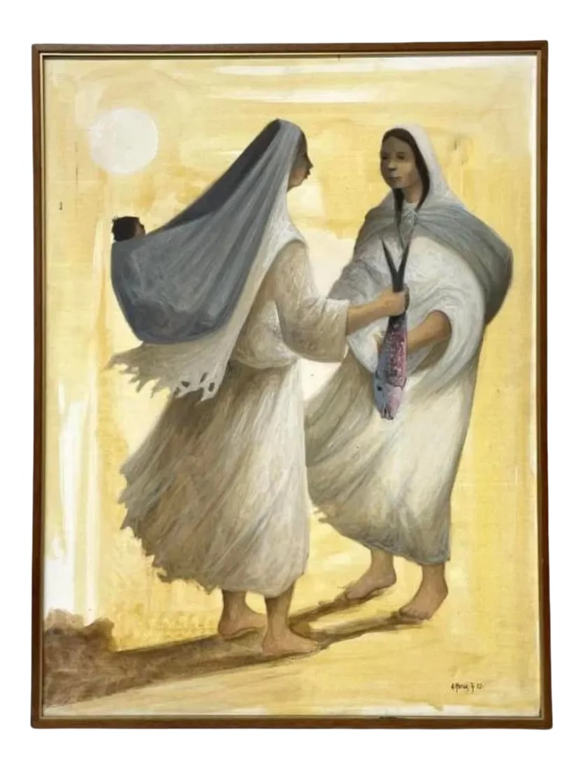 Mexican Oil Painting, 1970s: Famous well renowned Mexican artist A.Morale/R. 1972 "Kindness". Signed Beautiful Original Oil on Canvas Painting/Framed Measures 31.5 inches high x 23.5 inches wide in beautiful wooden frame.
