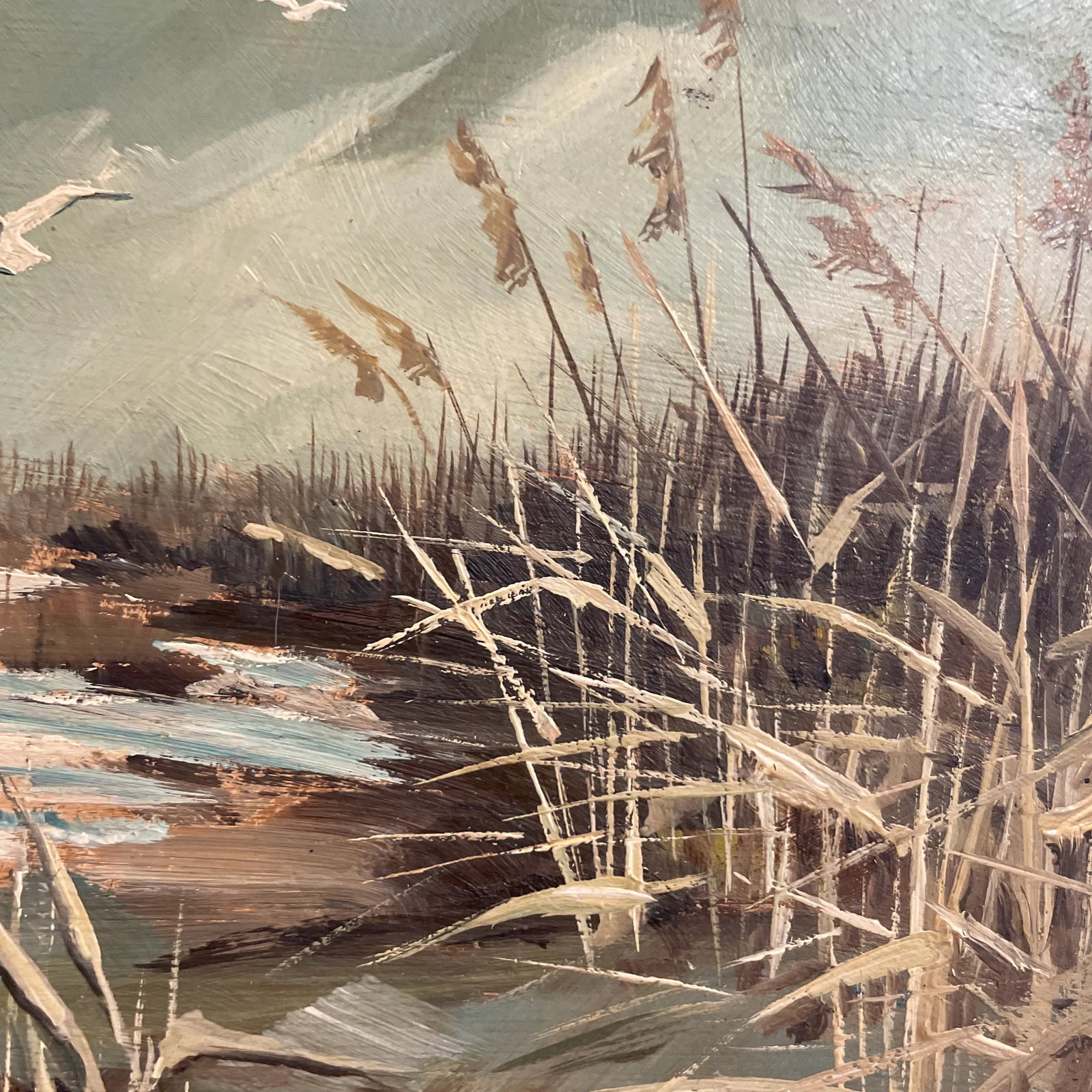 Mid 20th Century "Gulls Over a Snowy Marsh" Landscape Oil Painting by Lynn Winans, Framed - 10