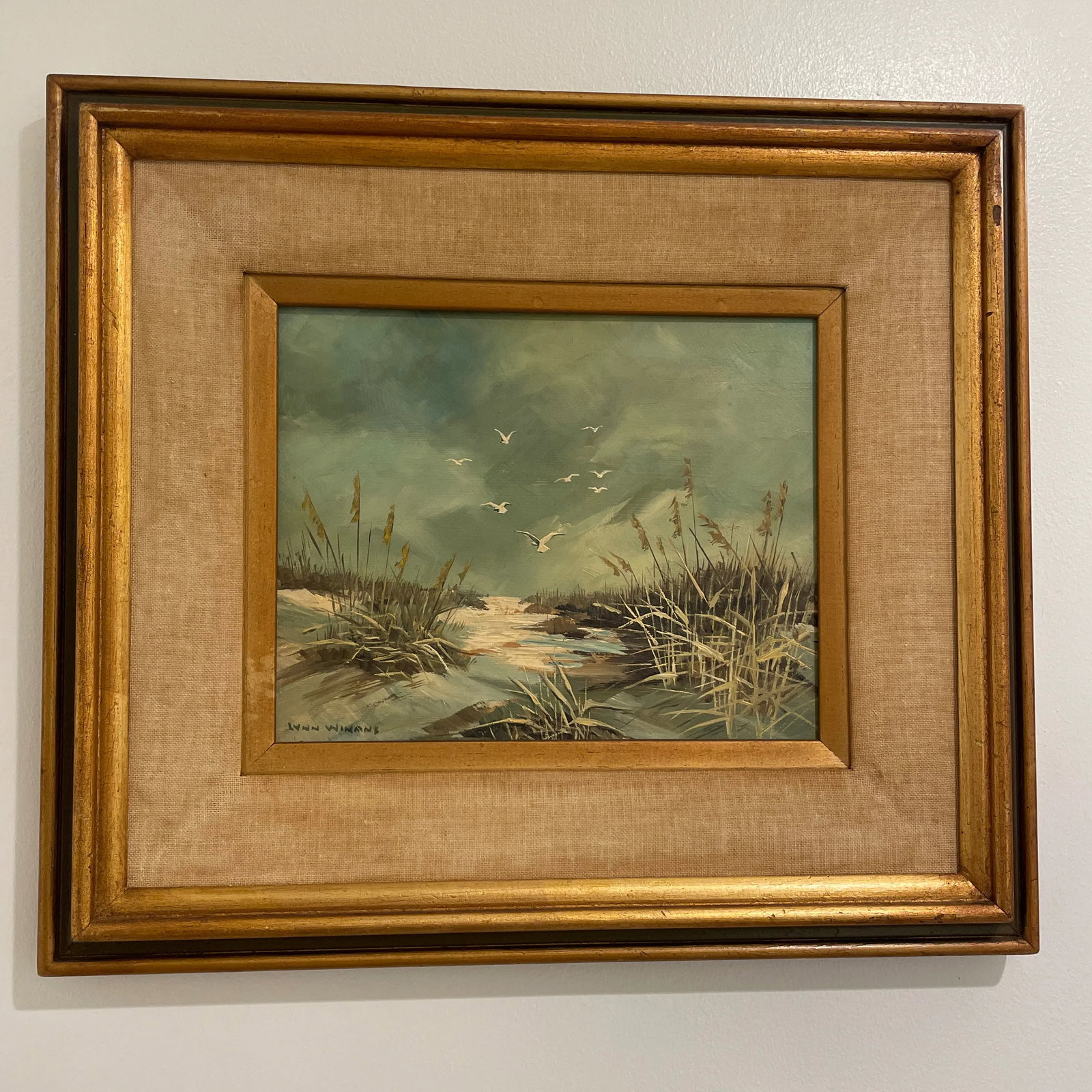 Mid 20th Century "Gulls Over a Snowy Marsh" Landscape Oil Painting by Lynn Winans, Framed - 11