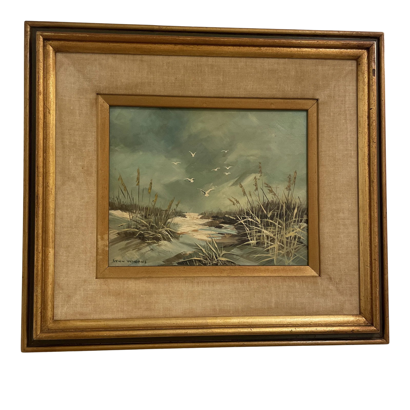 Mid 20th Century "Gulls Over a Snowy Marsh" Landscape Oil Painting by Lynn Winans, Framed (1 of 11)