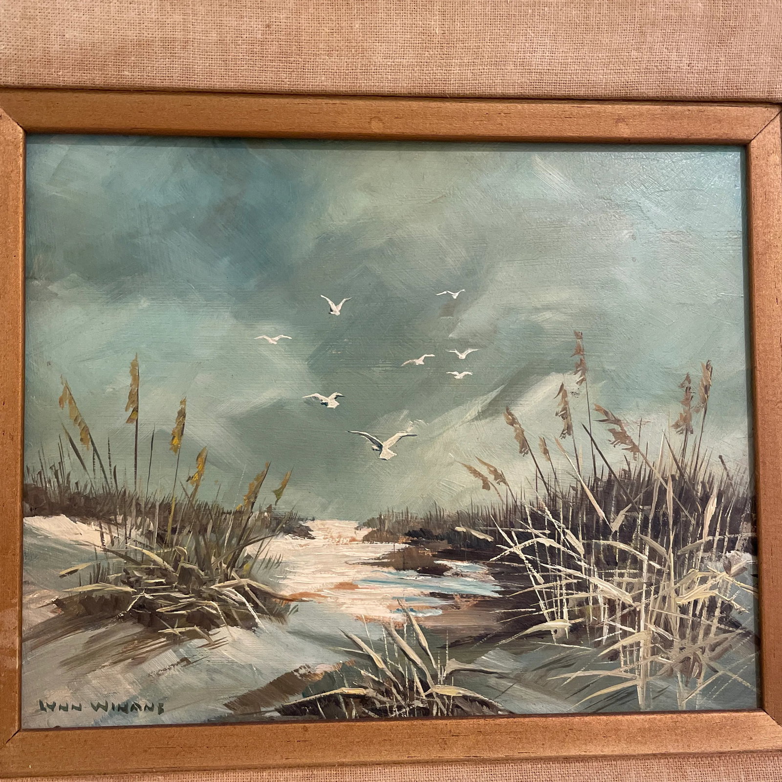 Mid 20th Century "Gulls Over a Snowy Marsh" Landscape Oil Painting by Lynn Winans, Framed - 2