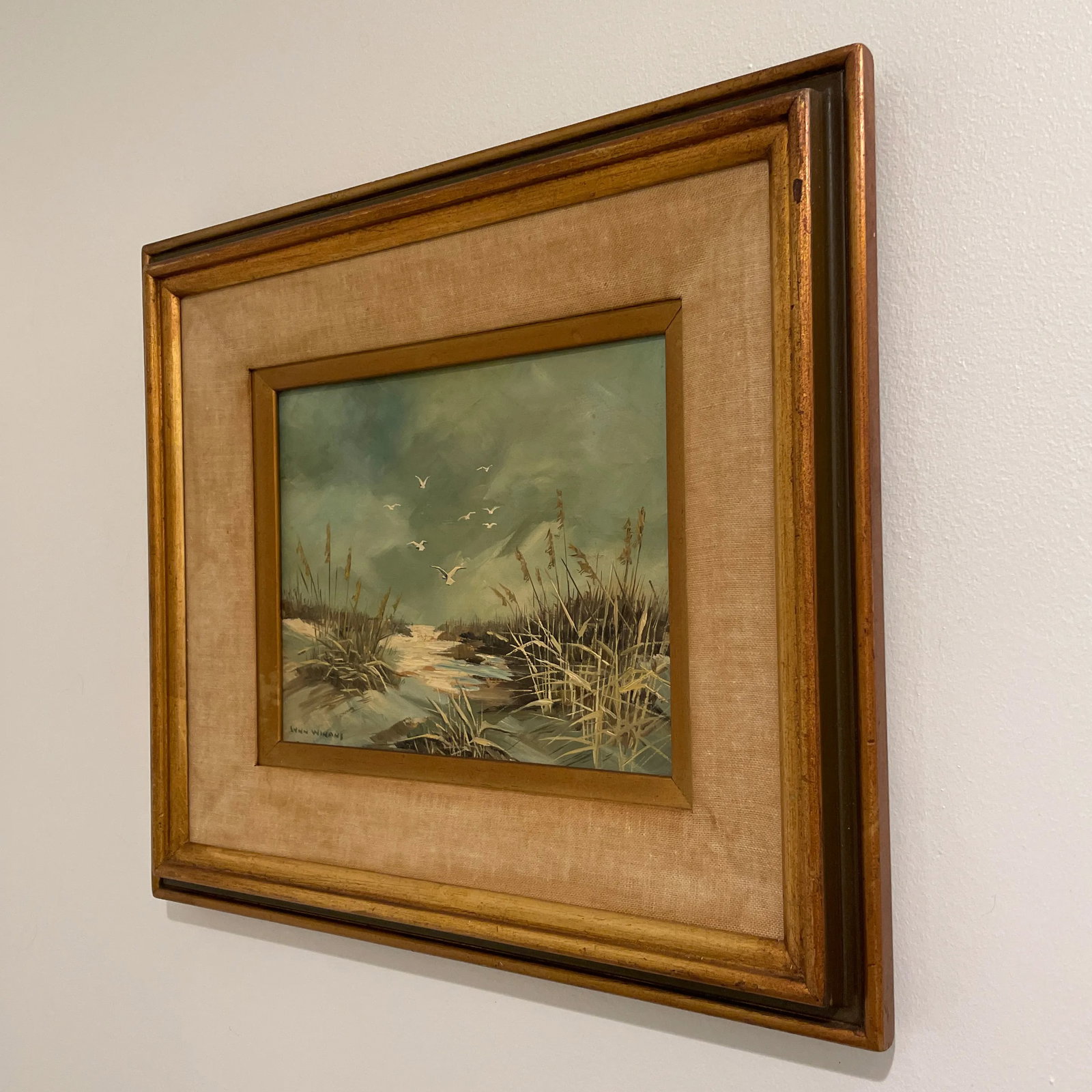 Mid 20th Century "Gulls Over a Snowy Marsh" Landscape Oil Painting by Lynn Winans, Framed - 3