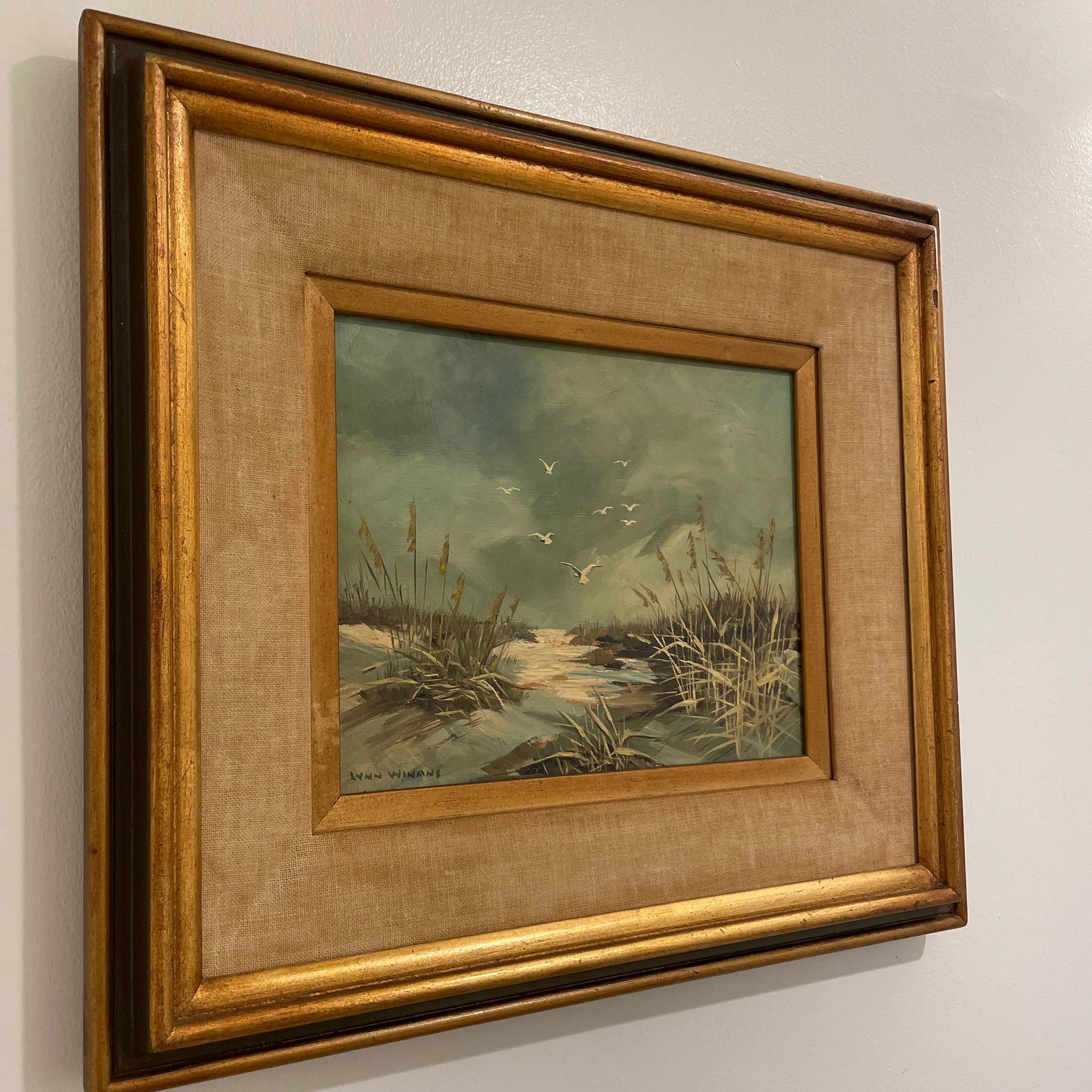Mid 20th Century "Gulls Over a Snowy Marsh" Landscape Oil Painting by Lynn Winans, Framed - 4
