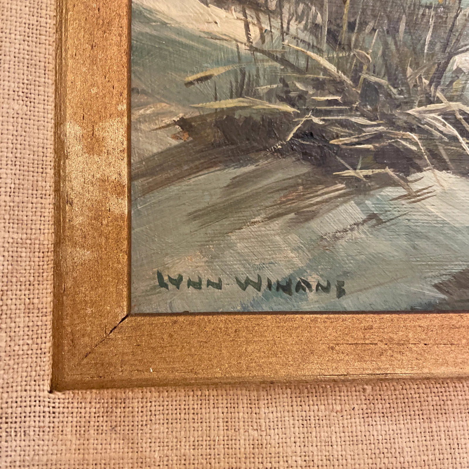 Mid 20th Century "Gulls Over a Snowy Marsh" Landscape Oil Painting by Lynn Winans, Framed - 5