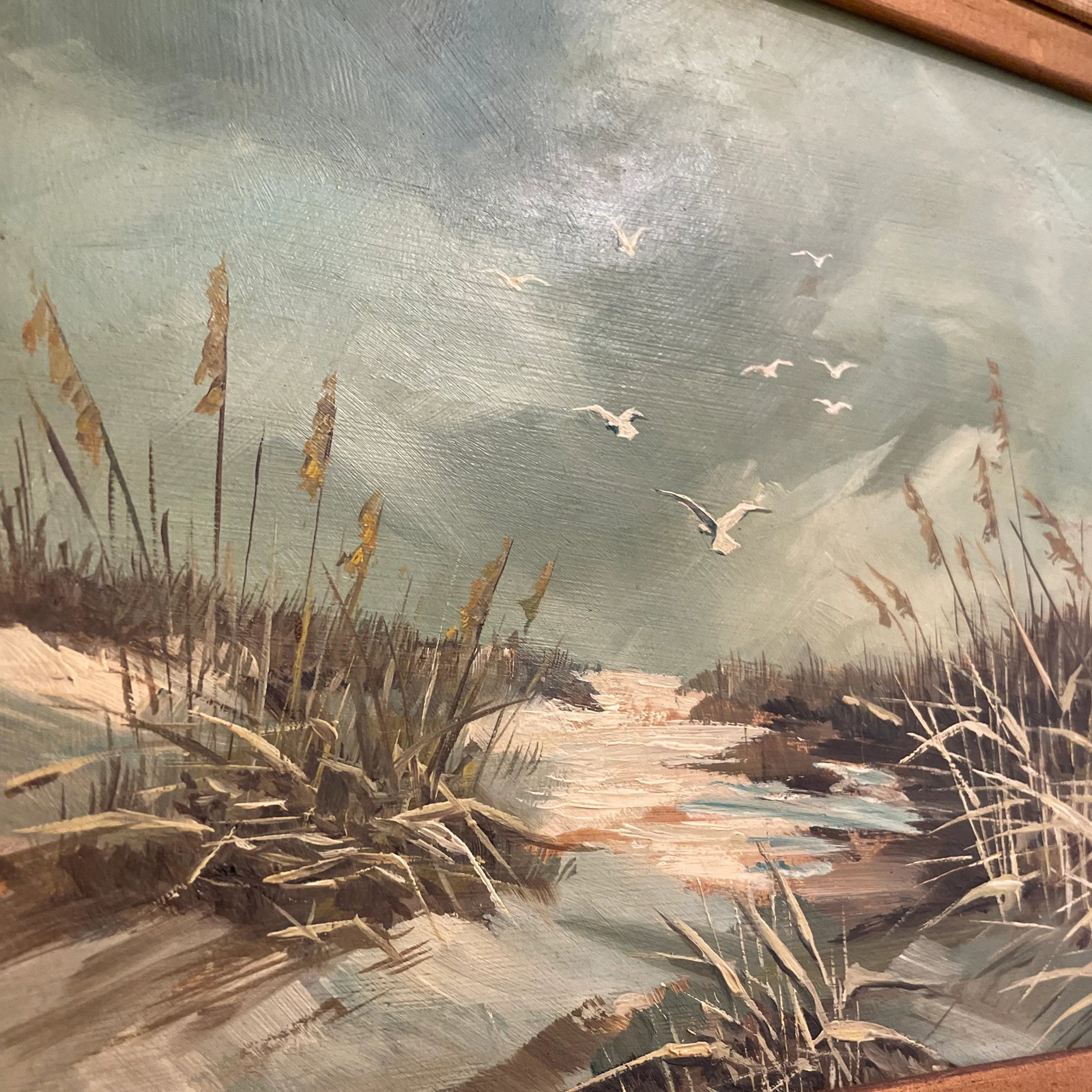 Mid 20th Century "Gulls Over a Snowy Marsh" Landscape Oil Painting by Lynn Winans, Framed - 9