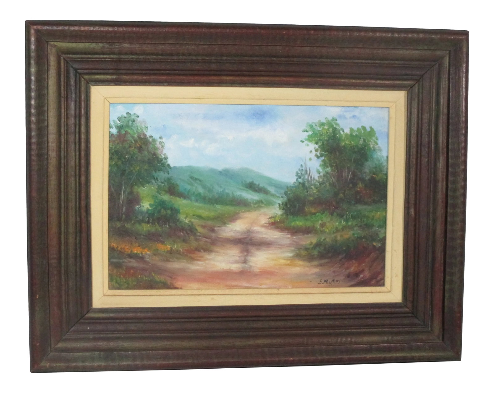 Late 20th Century Brazilian Landscape Oil Painting, Framed: A serene late 20th century landscape oil painting in the outskirts of Botucatu a city in Brazil, artist signed S. Martins. The unpaved path draws you into the surrounding landscape of trees, scrubs,