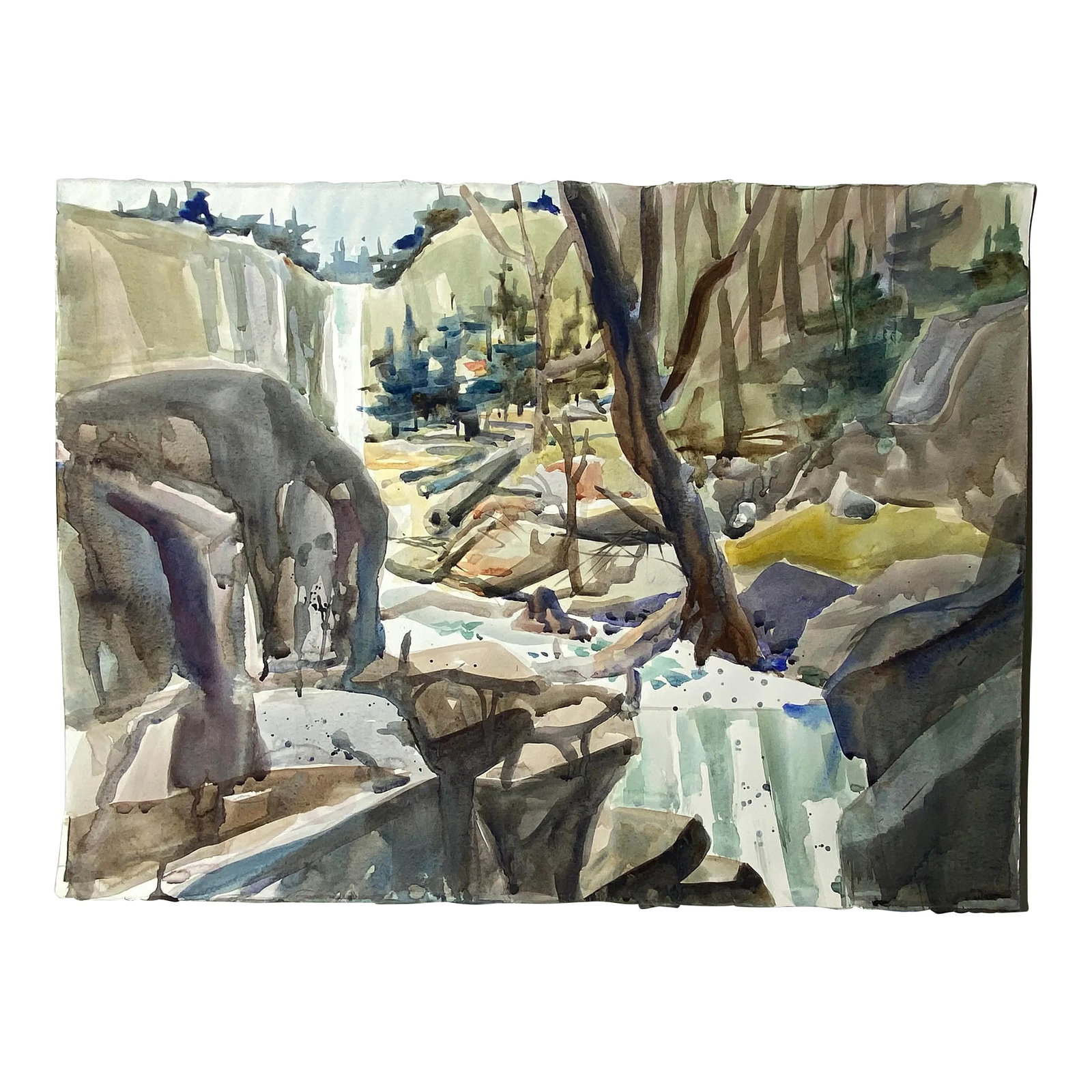 1980s Expressionist Mountain and River Landscape Original Watercolor Painting by Sanford Brooks: Highly popular Cincinnati watercolorist Sanford (Samp) Brooks (1915-1994) large original watercolor of a waterfall in a woodland setting. Brooks, a long time resident of Cincinnati Ohio, graduated