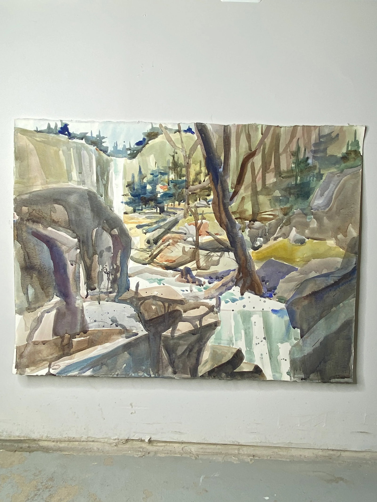 1980s Expressionist Mountain and River Landscape Original Watercolor Painting by Sanford Brooks - 2