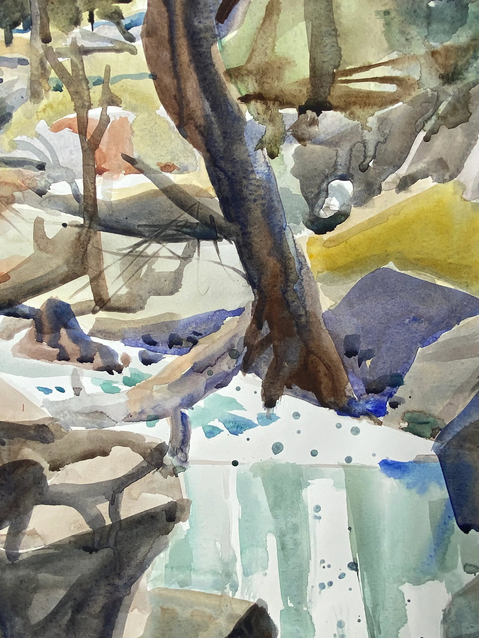 1980s Expressionist Mountain and River Landscape Original Watercolor Painting by Sanford Brooks - 3