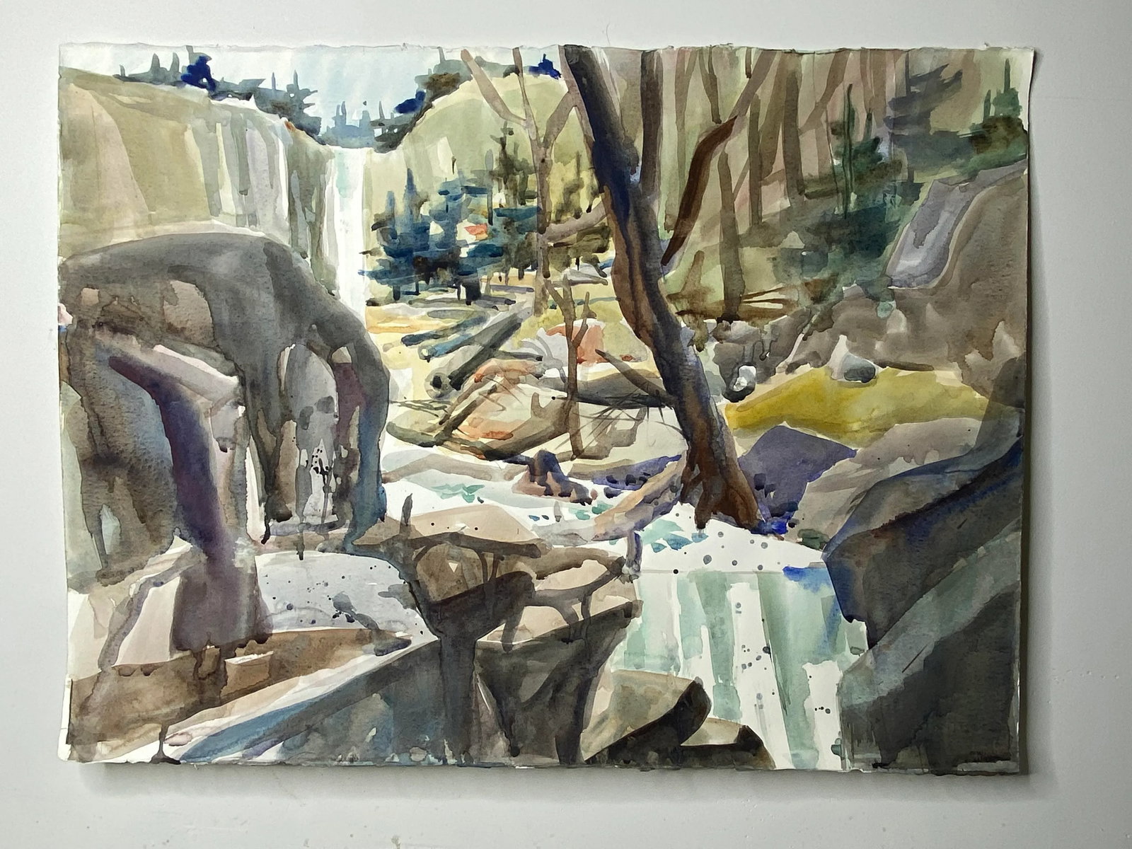 1980s Expressionist Mountain and River Landscape Original Watercolor Painting by Sanford Brooks - 9