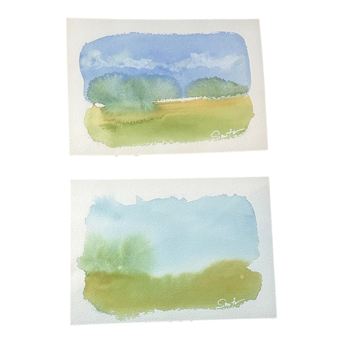 Quiet Fields Signed Original Minimalist Watercolor Paintings-set of Two: A complementary pair of original watercolor landscape studies featuring soft horizons, gentle skies, and rolling green fields. Painted in loose, expressive washes, these small-scale works evoke calm,