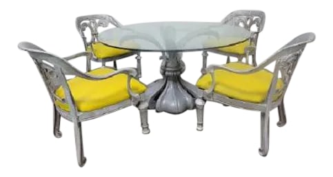 1960s Mid Century Hollywood Regency Dorothy Draper Designer Patio Set - 4 Seats with Table: Stunning! Extremely rare by Dorothy Draper. Excellent condition! Solid quality! Polished aluminum! All seats have been recently upholstered in a high-quality outdoor heavy-duty lime color vinyl