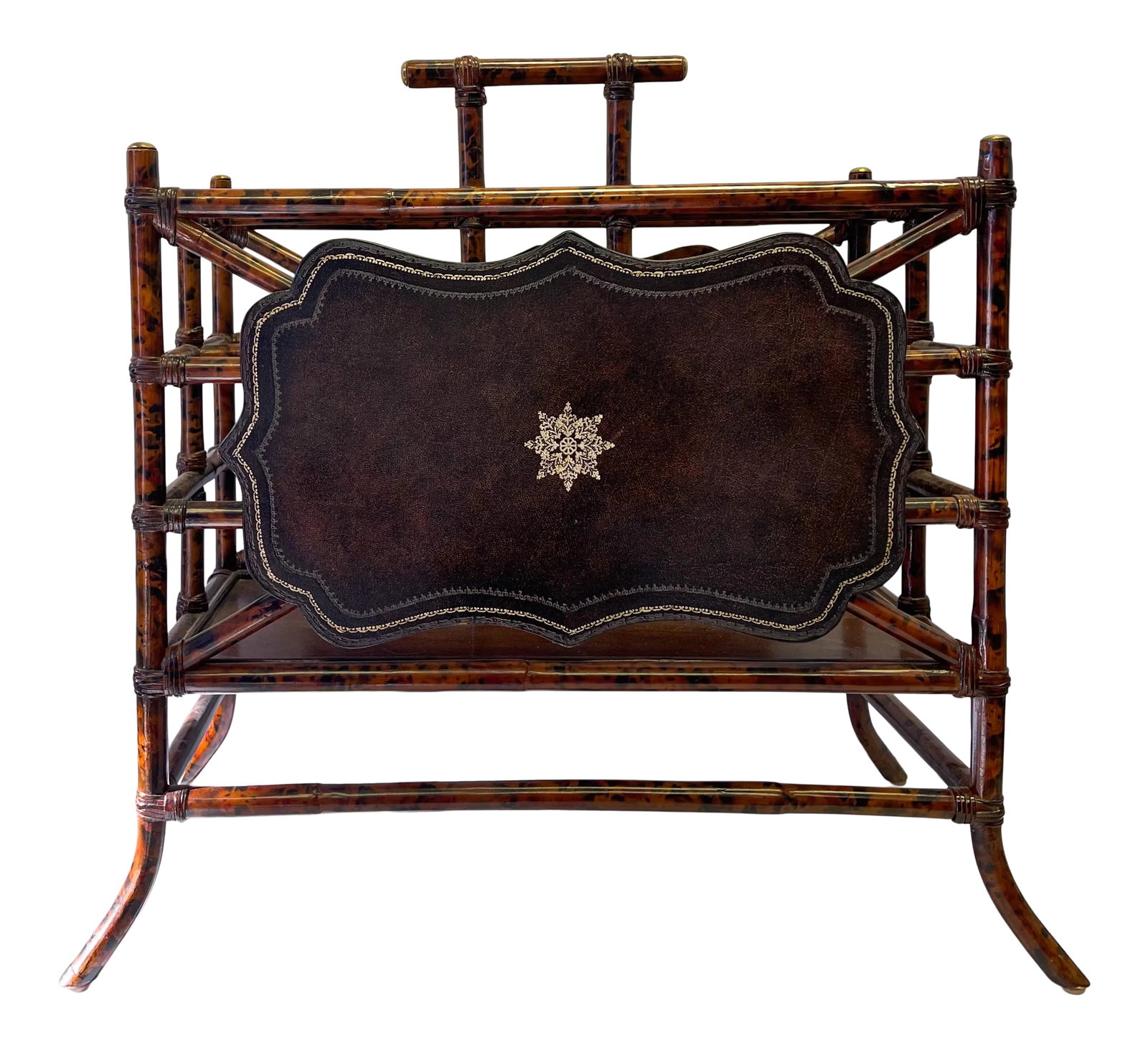 Maitland-Smith Faux Tortoise & Tooled Leather Bamboo Canterbury Magazine Rack (1 of 5)