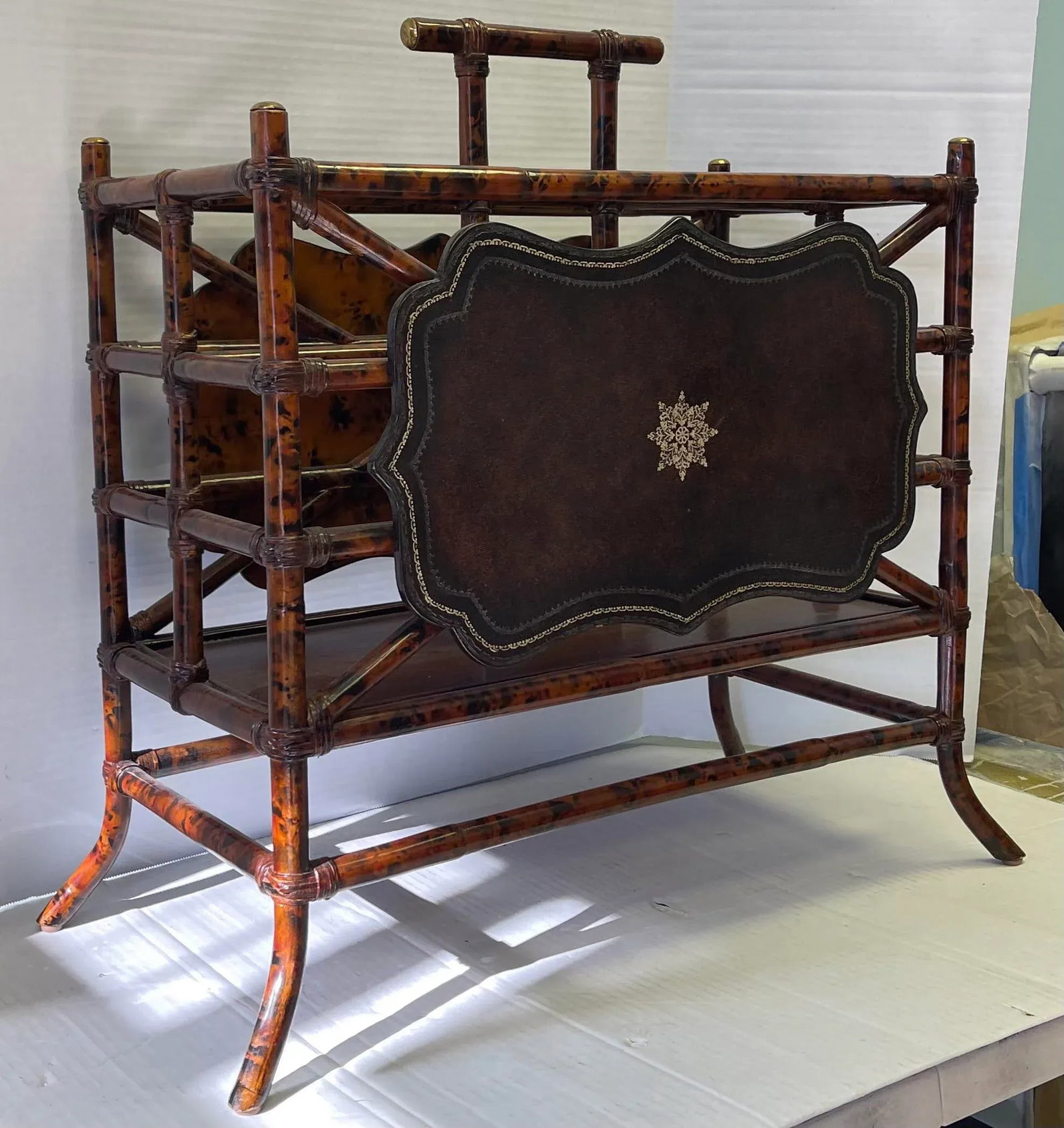 Maitland-Smith Faux Tortoise & Tooled Leather Bamboo Canterbury Magazine Rack - 4