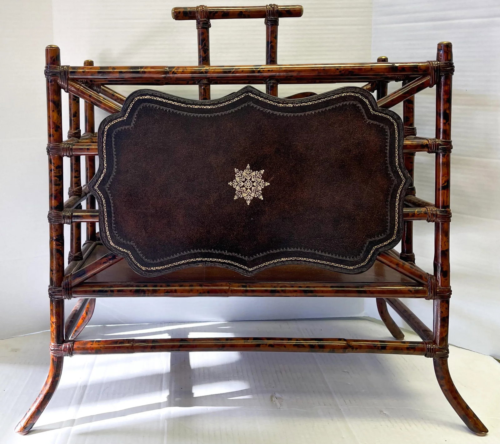 Maitland-Smith Faux Tortoise & Tooled Leather Bamboo Canterbury Magazine Rack - 5