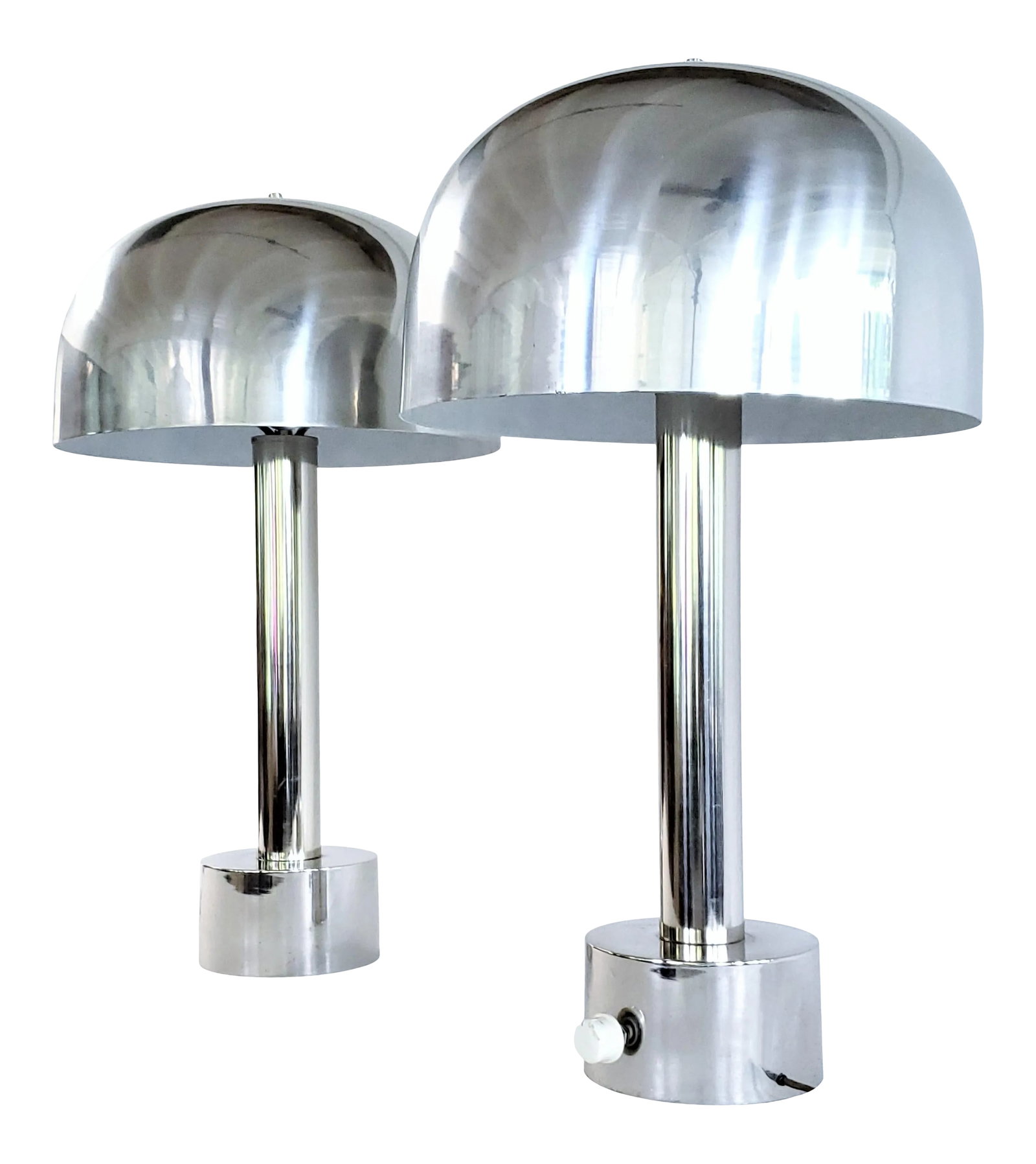 Vintage Laurel Chrome Mushroom Lamps With Aluminum Shades - a Pair: Beautiful pair of Vintage Mid Century Mushroom Chrome Lamps by Robert Sonneman for Laurel Lamp Co. 1970's Both lamps are in working condition with original wires and sockets. One on them has a dimmer 