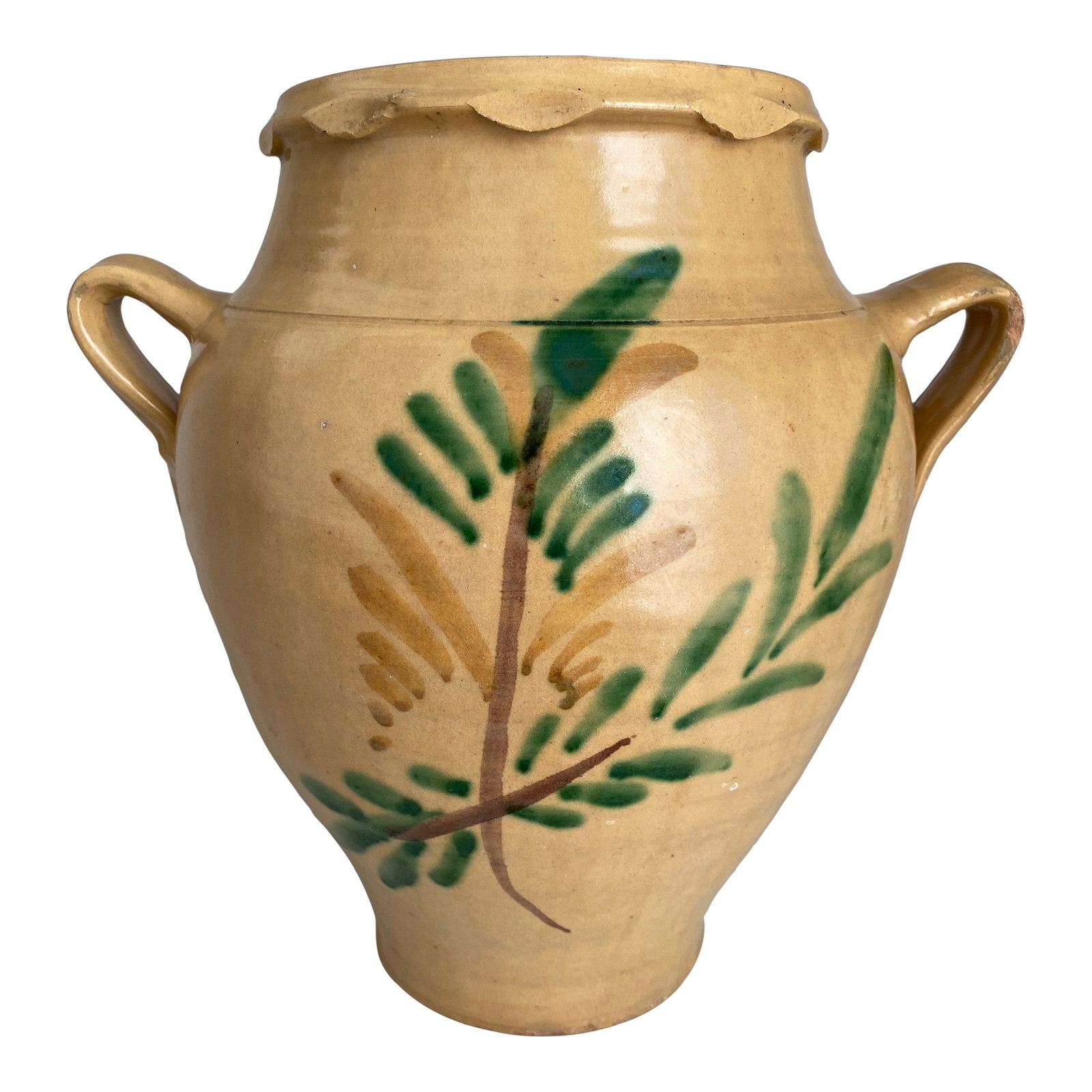 Early 20th Century Spanish Large Orza Jar Earthenware Vessel: Early 20th Century Spanish Large Orza Jar Earthenware Vessel. Originating from the Cordoba region of Spain, this pot features a light mustard yellow glaze with simple hand painted abstract "Tree of