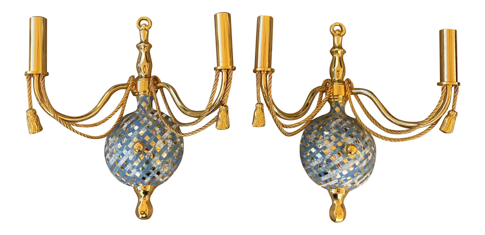 Gold Two Arm Light Sconce With Faux Marble Lattice - a Pair: A pair of vintage brass light sconces made in Spain by Classic Lighting Corp. These have been faux finished by etching and burnishing applied marble plasters to create a marble lattice on the main bod