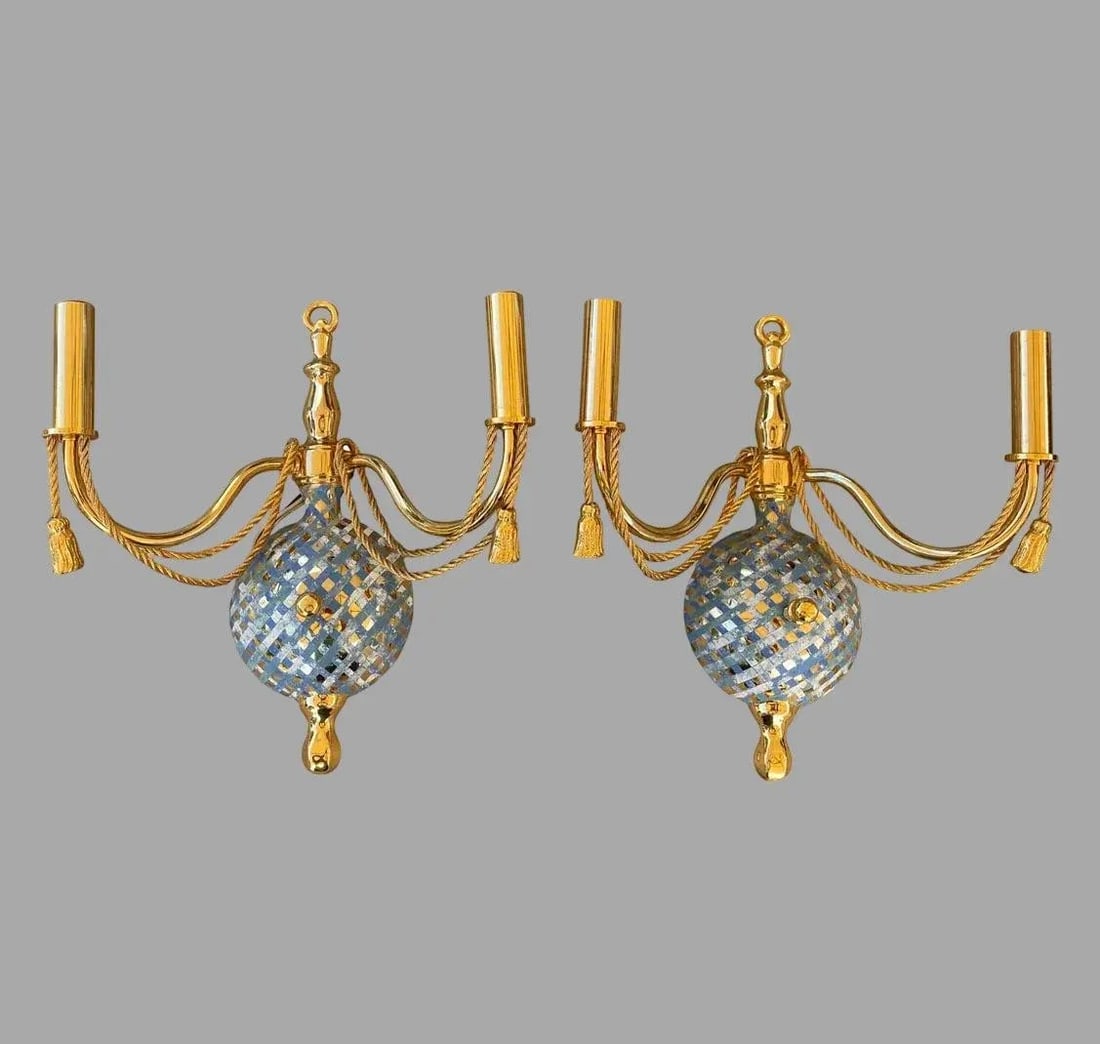 Gold Two Arm Light Sconce With Faux Marble Lattice - a Pair - 2