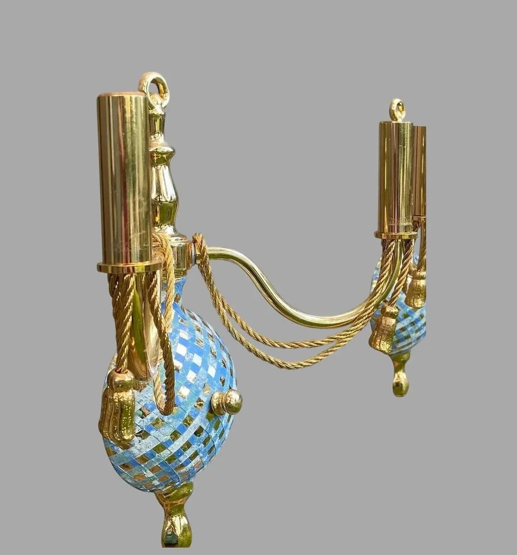 Gold Two Arm Light Sconce With Faux Marble Lattice - a Pair - 4
