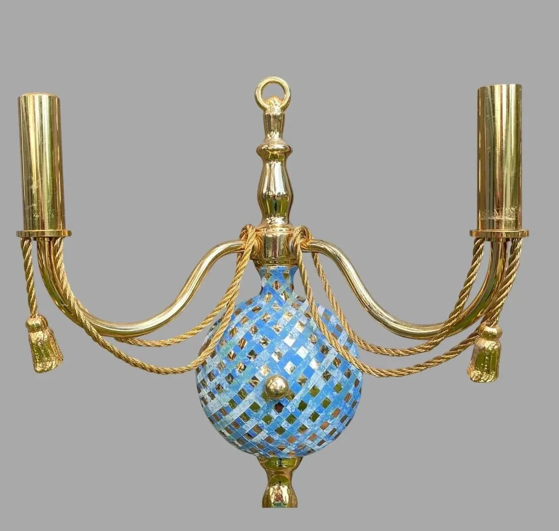Gold Two Arm Light Sconce With Faux Marble Lattice - a Pair - 5