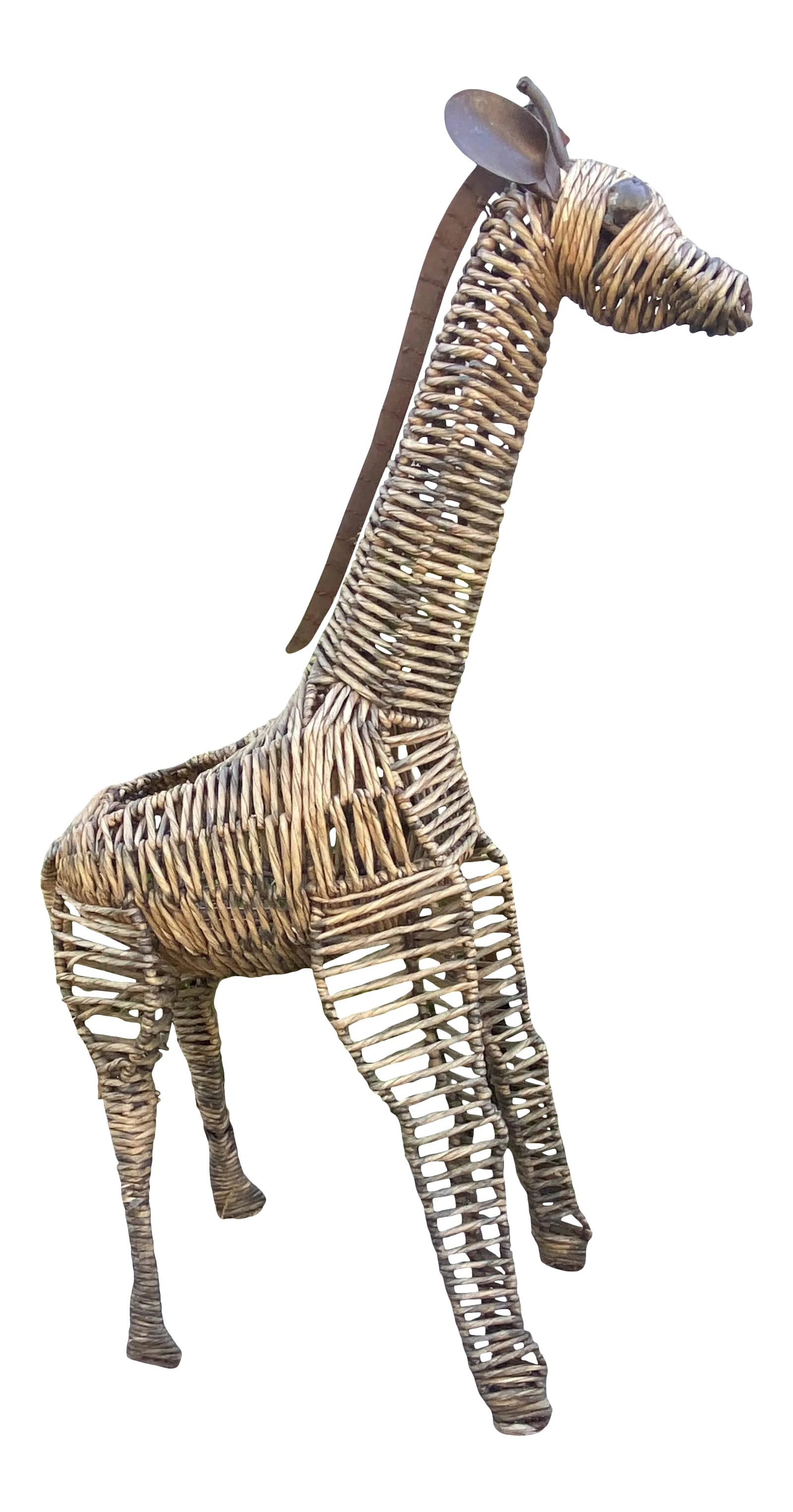 1970's Mario Lopez Torres Style Giraffe Standing Sculptural Planter: Vintage Large Scale Mid-Century Wire and Woven Sea Grass Giraffe Planter of pot holder. This fella is super sturdy with a steel frame, steel accents like his mane, ears and facial features. The frame