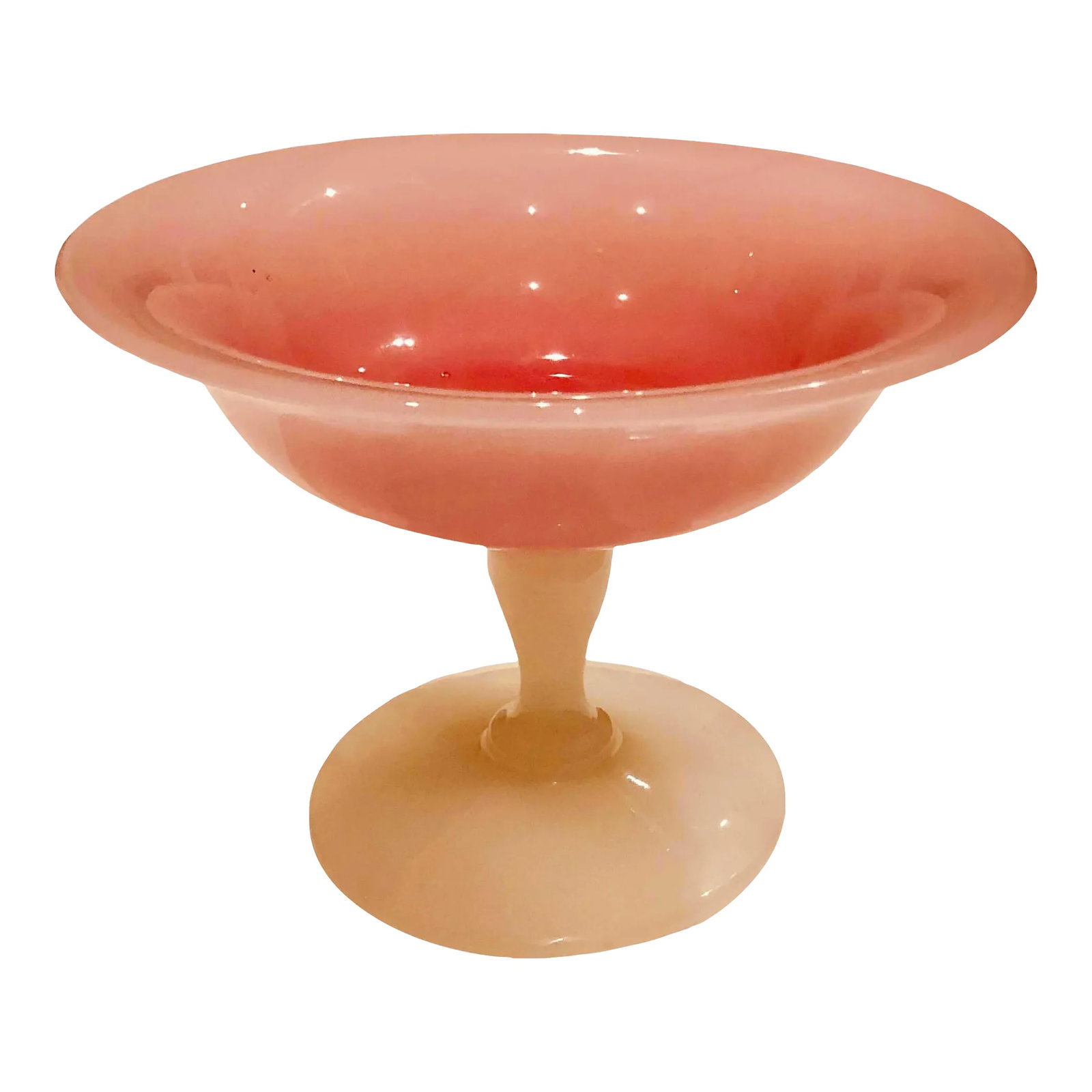 1920s Steuben Rosaline Alabaster Compote: Steuben Rosaline alabaster compote in pink and white. The Steuben candy dish or compote is circa 1920s. The bottom measures four inches. Condition: Alterations: Original Condition Unaltered Imperfecti