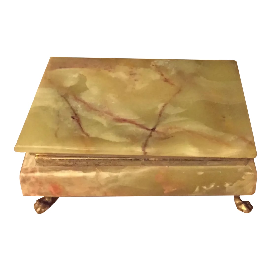 1950s Mid Century Translucent Olive Green Onyx with Brown Veins Red Velvet Lining, and Brass Claw Fe: This is a VINTAGE, Hand Crafted "Light Green Olive Brown Italian Onyx Marble Red Velvet Lined Brass Claw Feet Lidded Jewelry Chest Stash Box" from the early-1950s. Purchased by my friend's parents