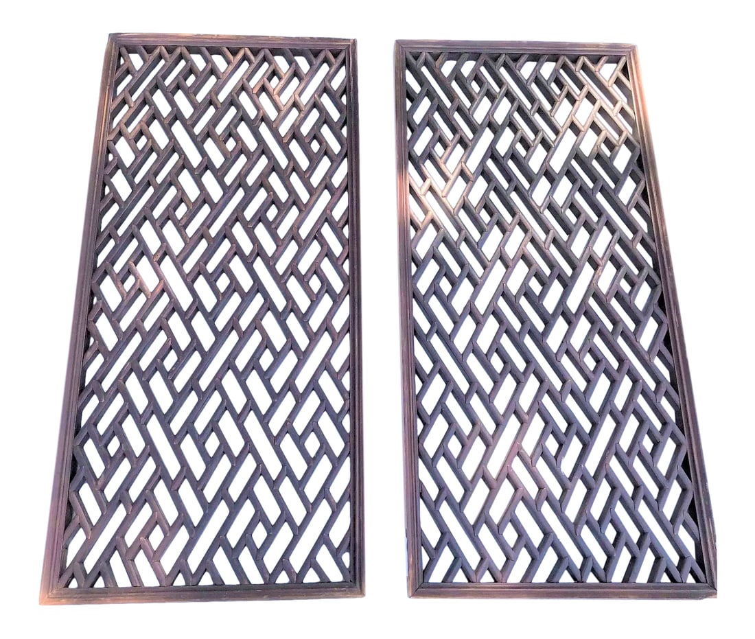 Antique Chinese Double Sided Geometric Lattice Window Panels - a Pair: When Urban sprawl and infrastructure building reached ancient Chinese cities and villages in the 1980's, old buildings were demolished in favor of growth. Chinese entrepreneurs found trading